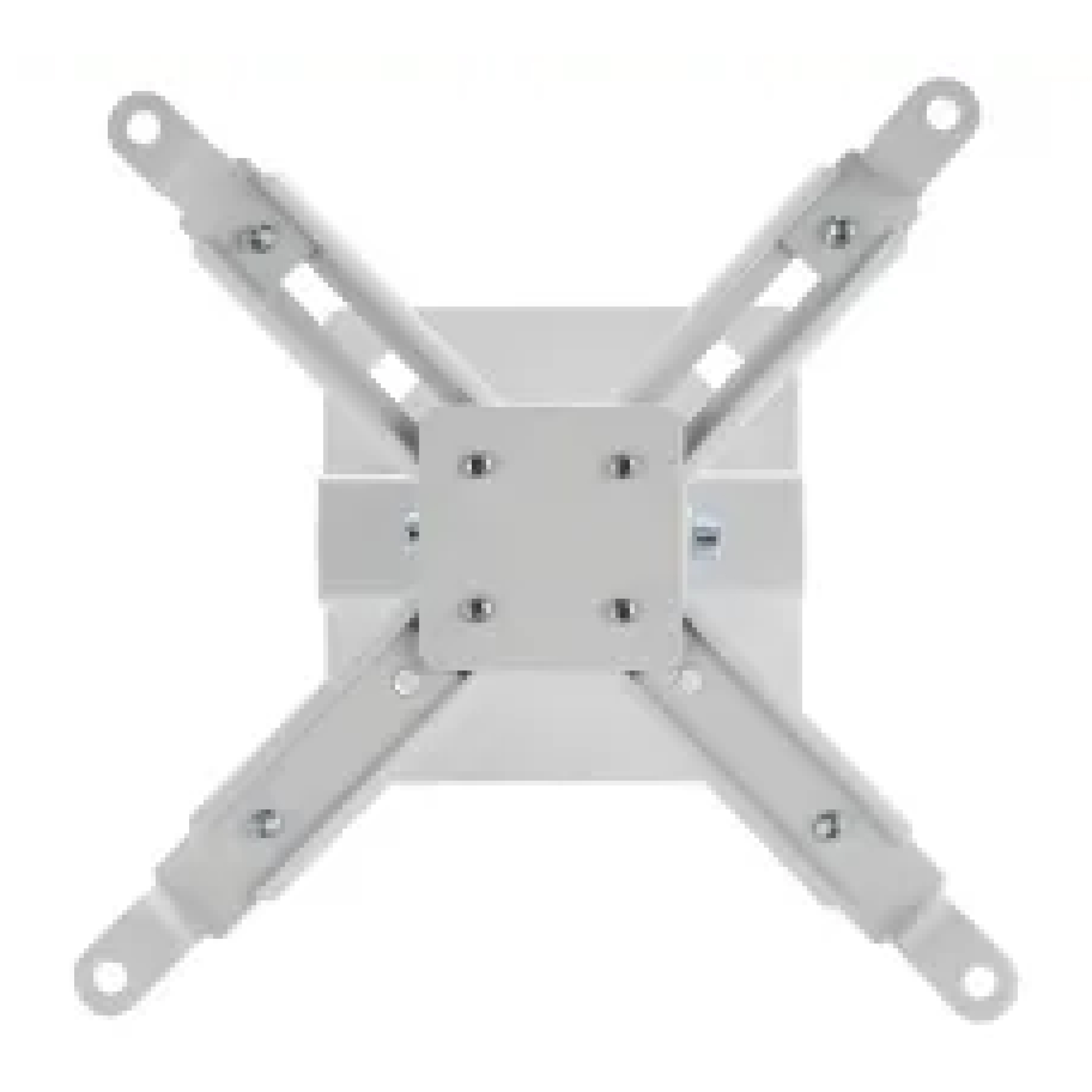 Biały uchwyt do projektora, z ramionami w kształcie krzyża. Jest na białym tle.