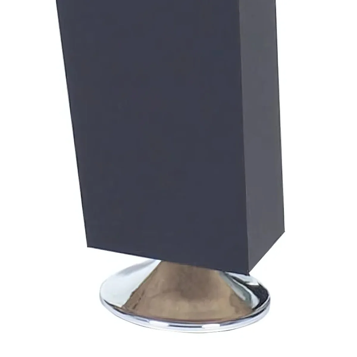 A black table leg with a silver circular base, on a white background, angled view.