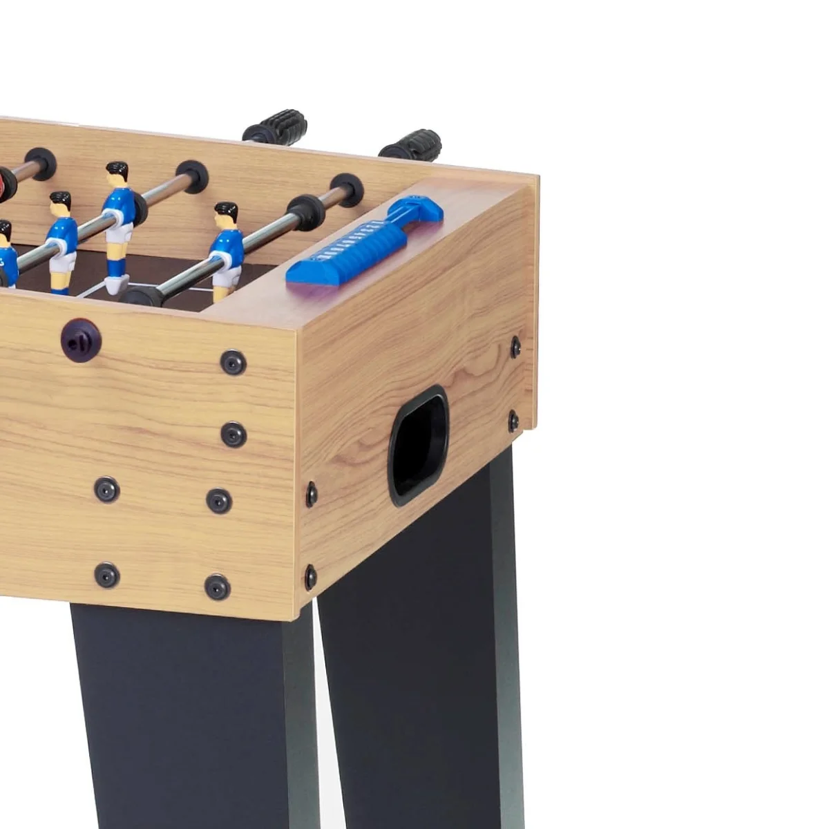A foosball table's corner with players and a blue score counter. The table is light wood and black.