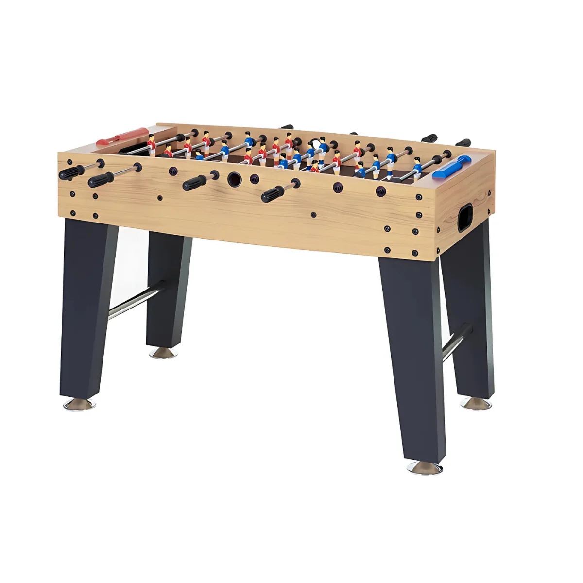 A foosball table with a light wood finish, black legs, and figures in red, blue, and white. Black handles and metal bars.