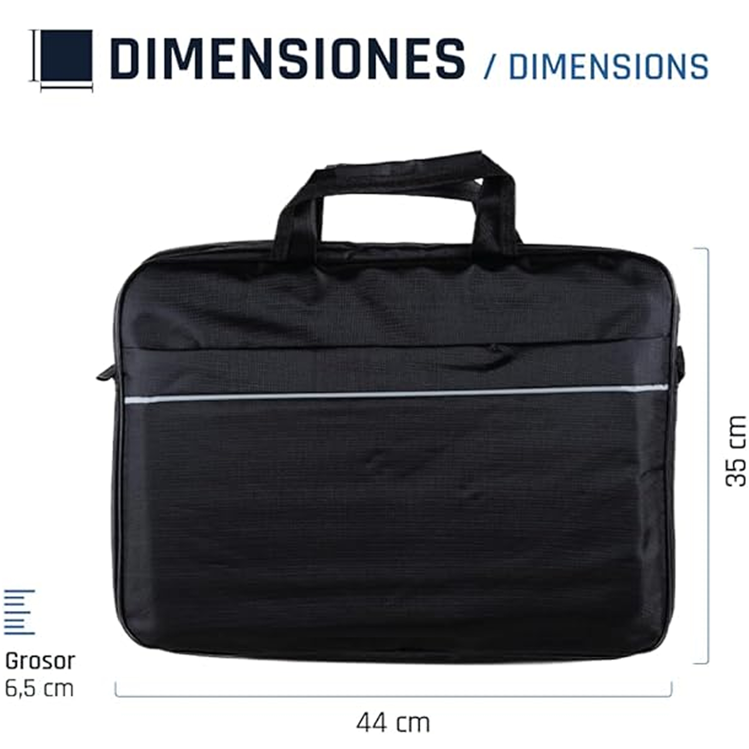 Una bolsa negra para portátil con dimensiones: 44 cm de ancho, 35 cm de alto y 6,5 cm de grosor. Fondo blanco.