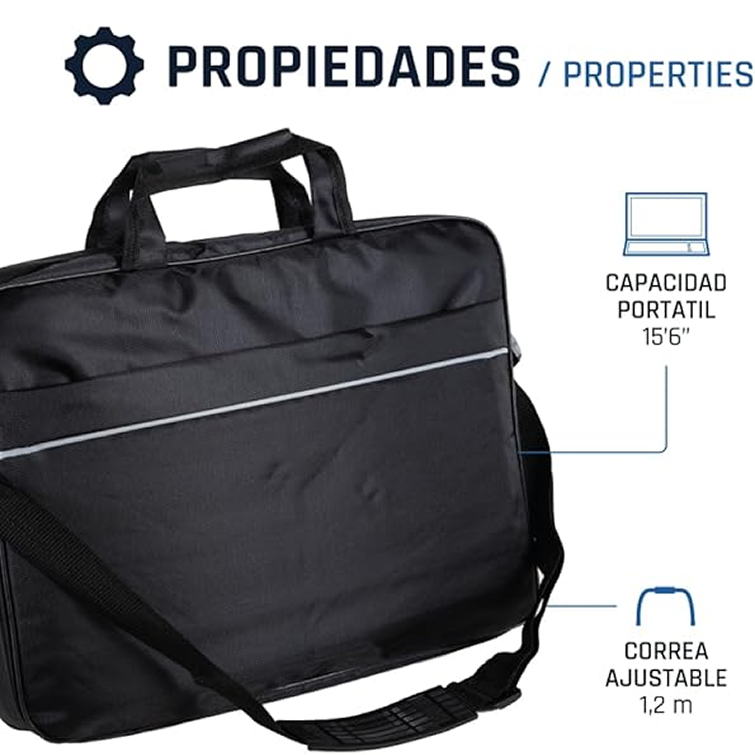 Una bolsa negra para laptop con una franja blanca y una correa para el hombro. La bolsa puede contener una laptop de 15.6".