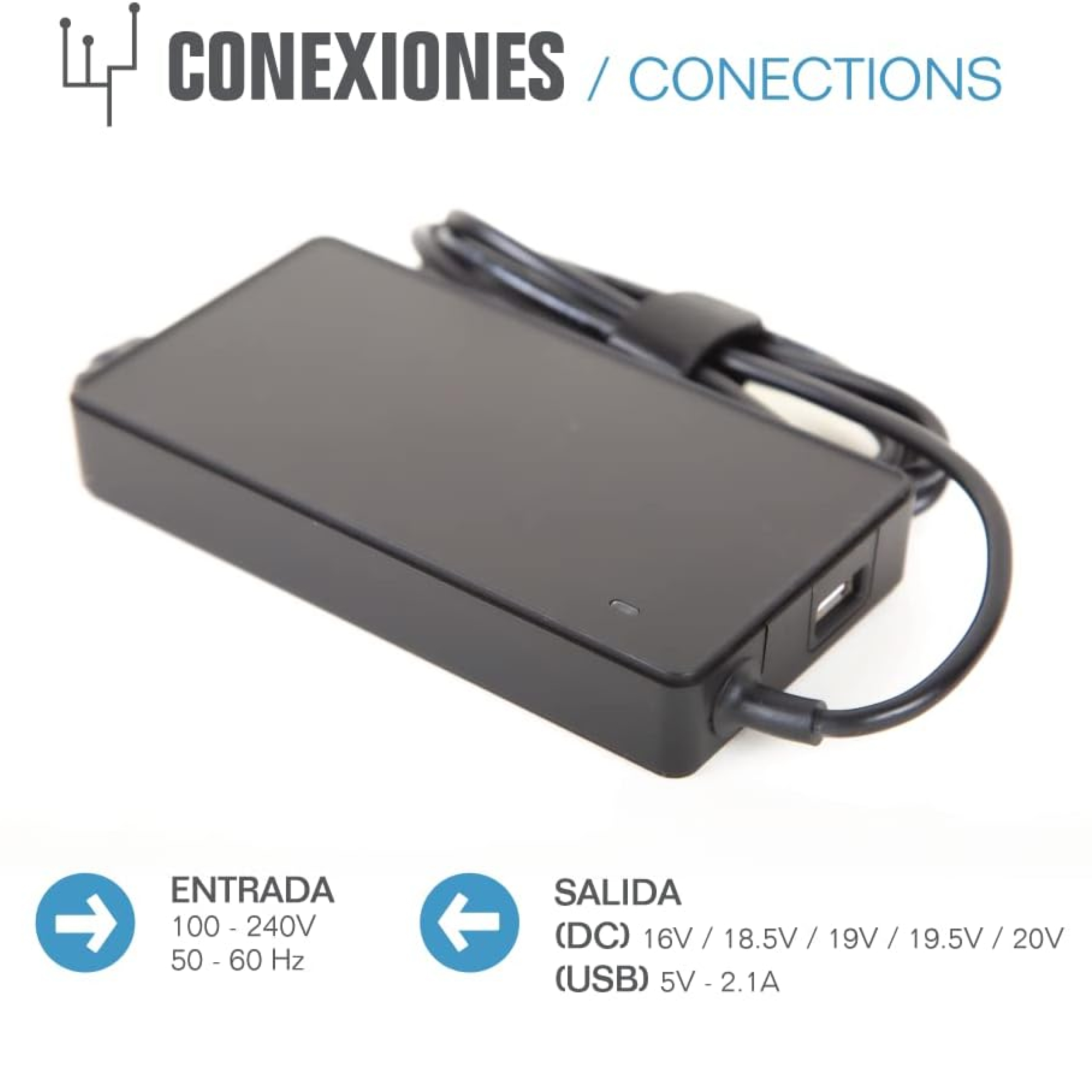 Adaptador de corriente negro con cable. Texto muestra especificaciones de entrada y salida.