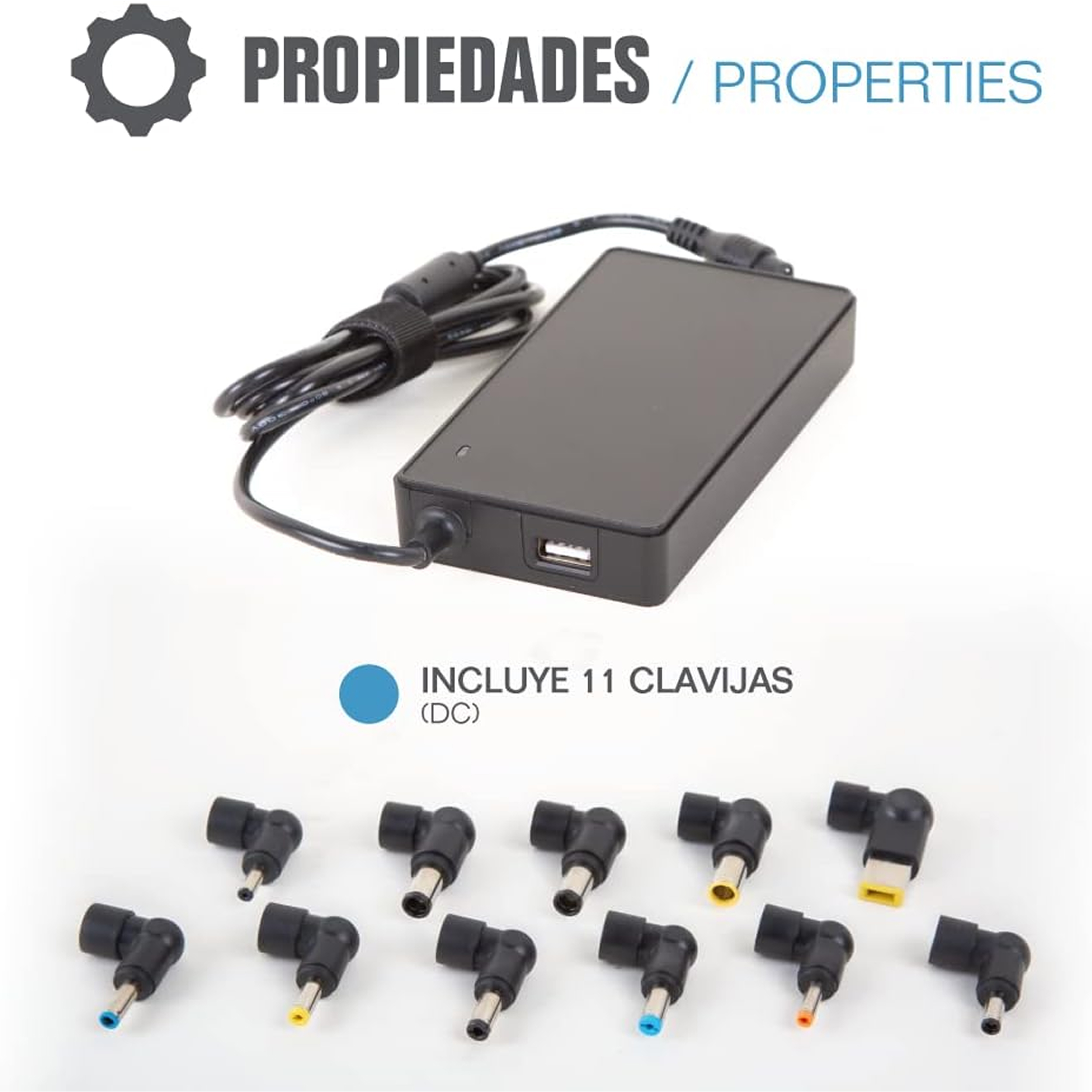 Adaptador de corriente negro con múltiples conectores, incluyendo 11 enchufes DC. Los conectores son de varios colores.