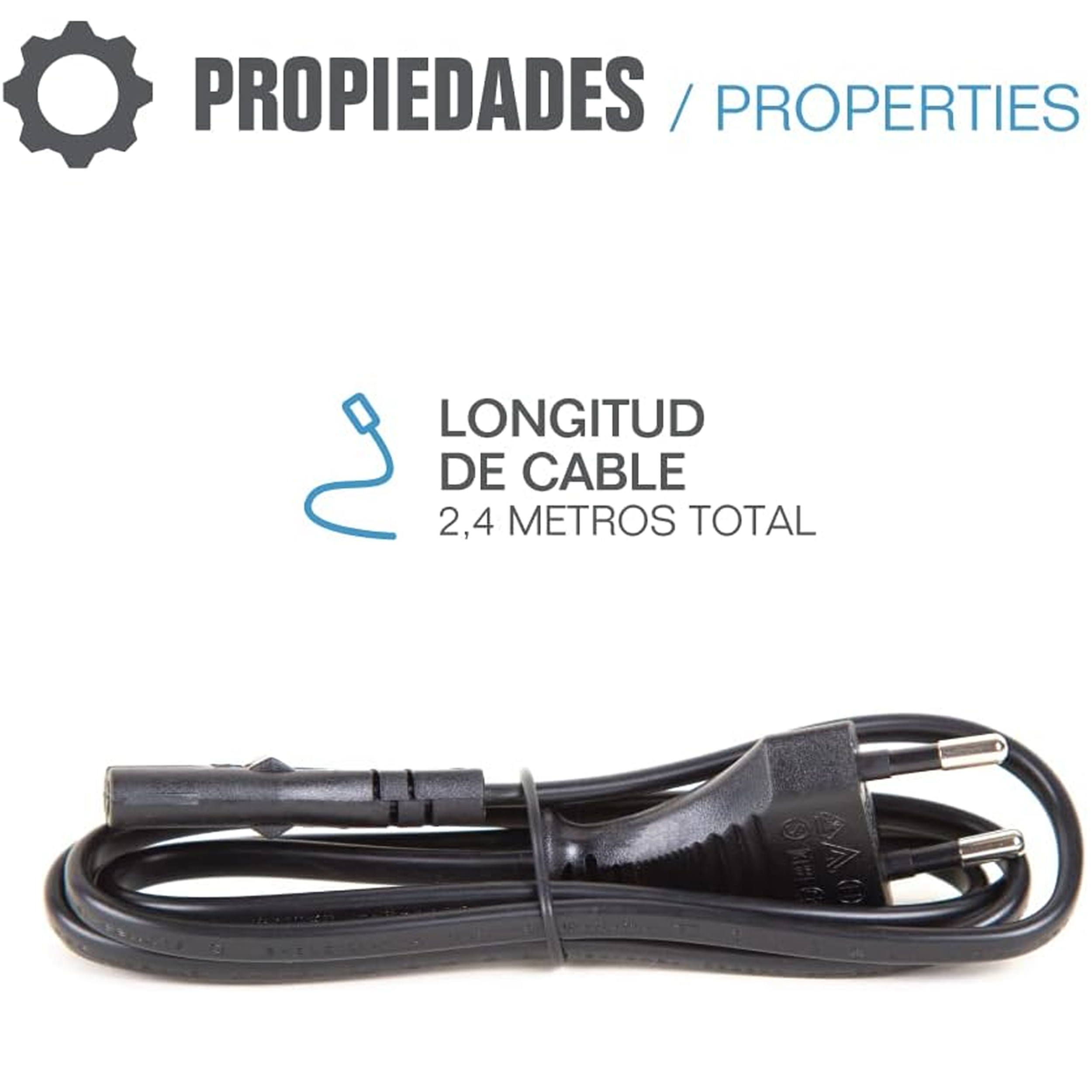 Cable de alimentación negro con enchufe y conector, texto que indica la longitud del cable: 2,4 metros.