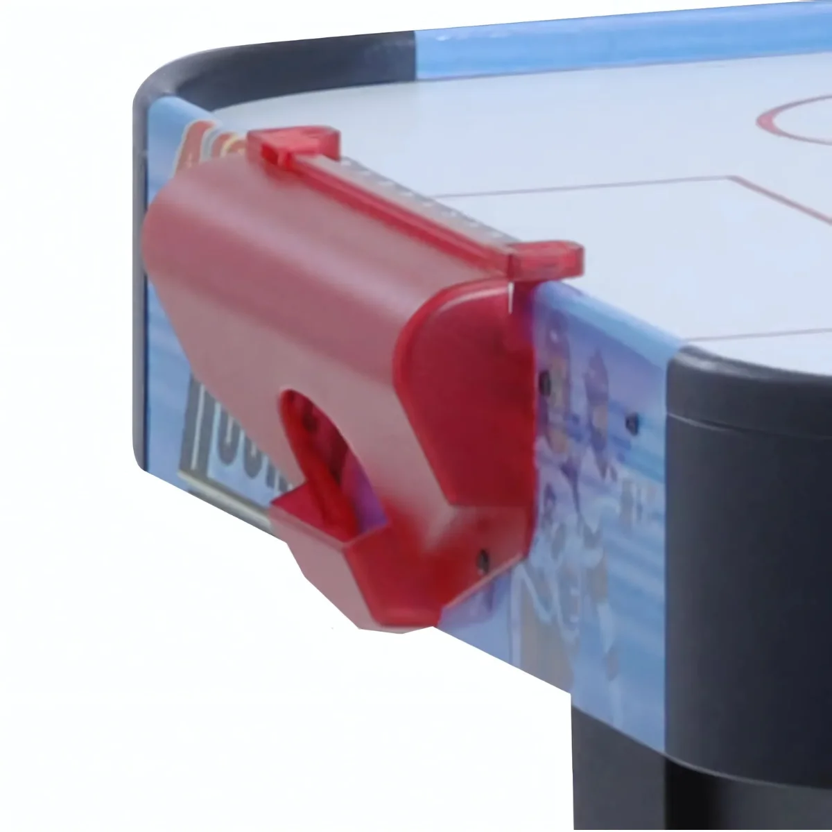 Close-up of the corner of an air hockey table. The goal is red, and the table has a blue design.