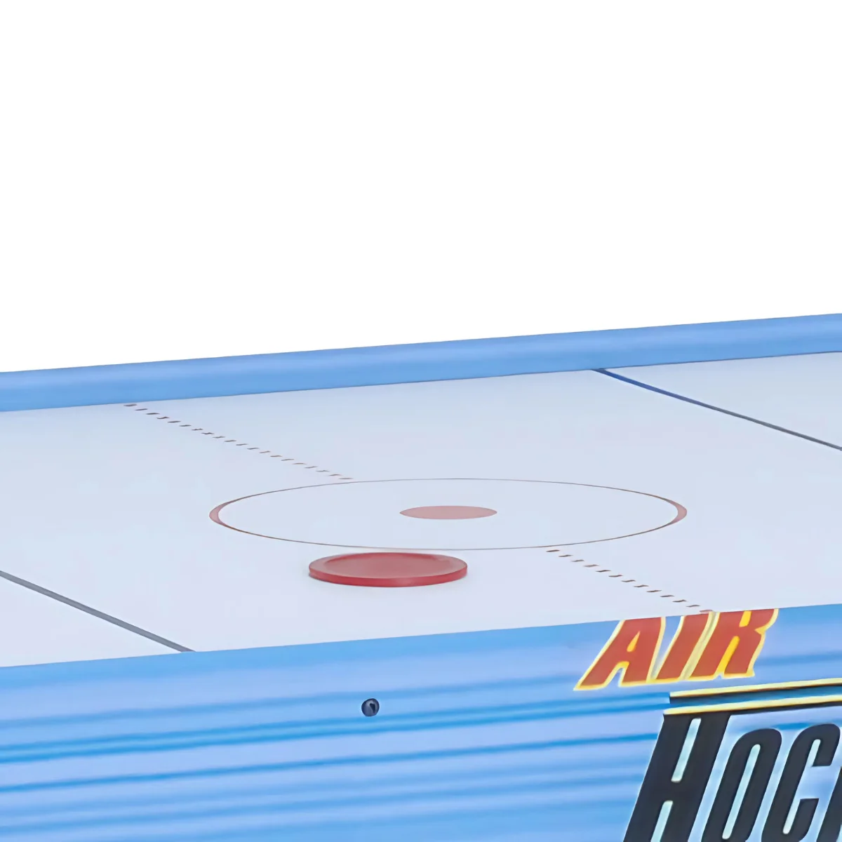 An air hockey puck on the table. The table is blue with a red circle in the center.