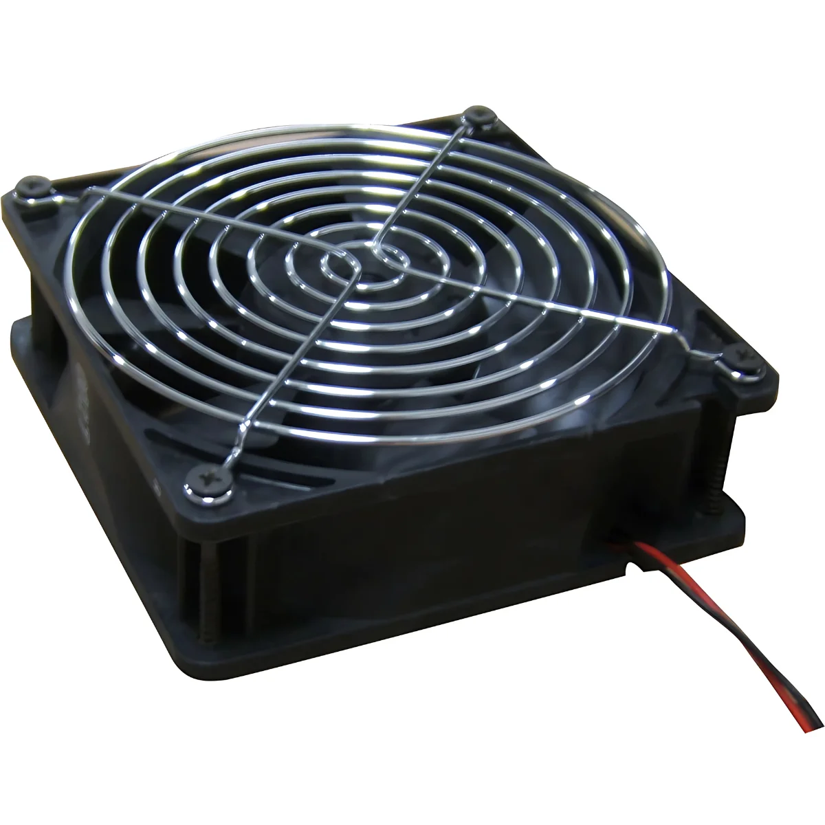 A black square fan with a metal grill. It has wires coming out of it.