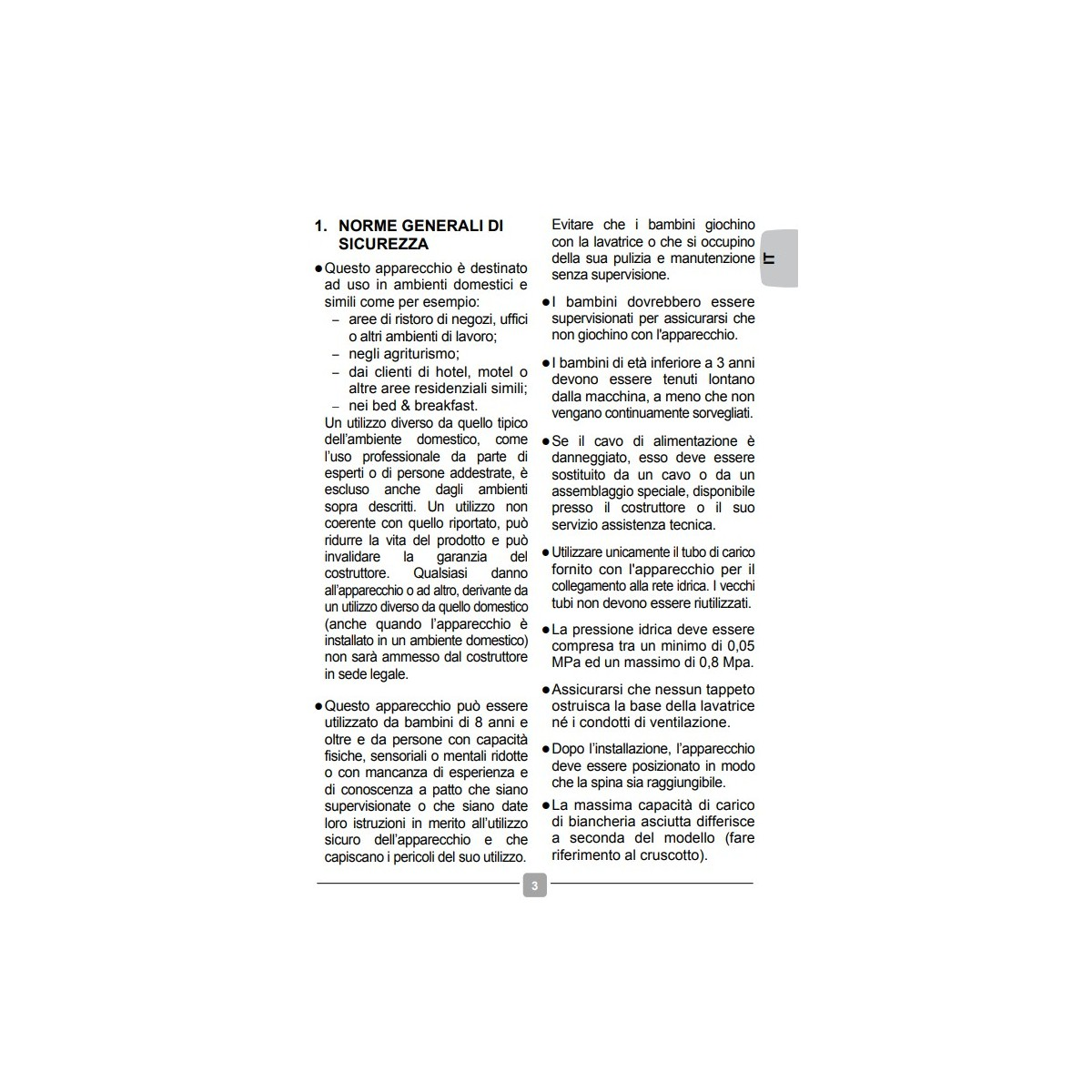 Directrices de seguridad italianas para un electrodoméstico, que cubren uso, mantenimiento y seguridad.
