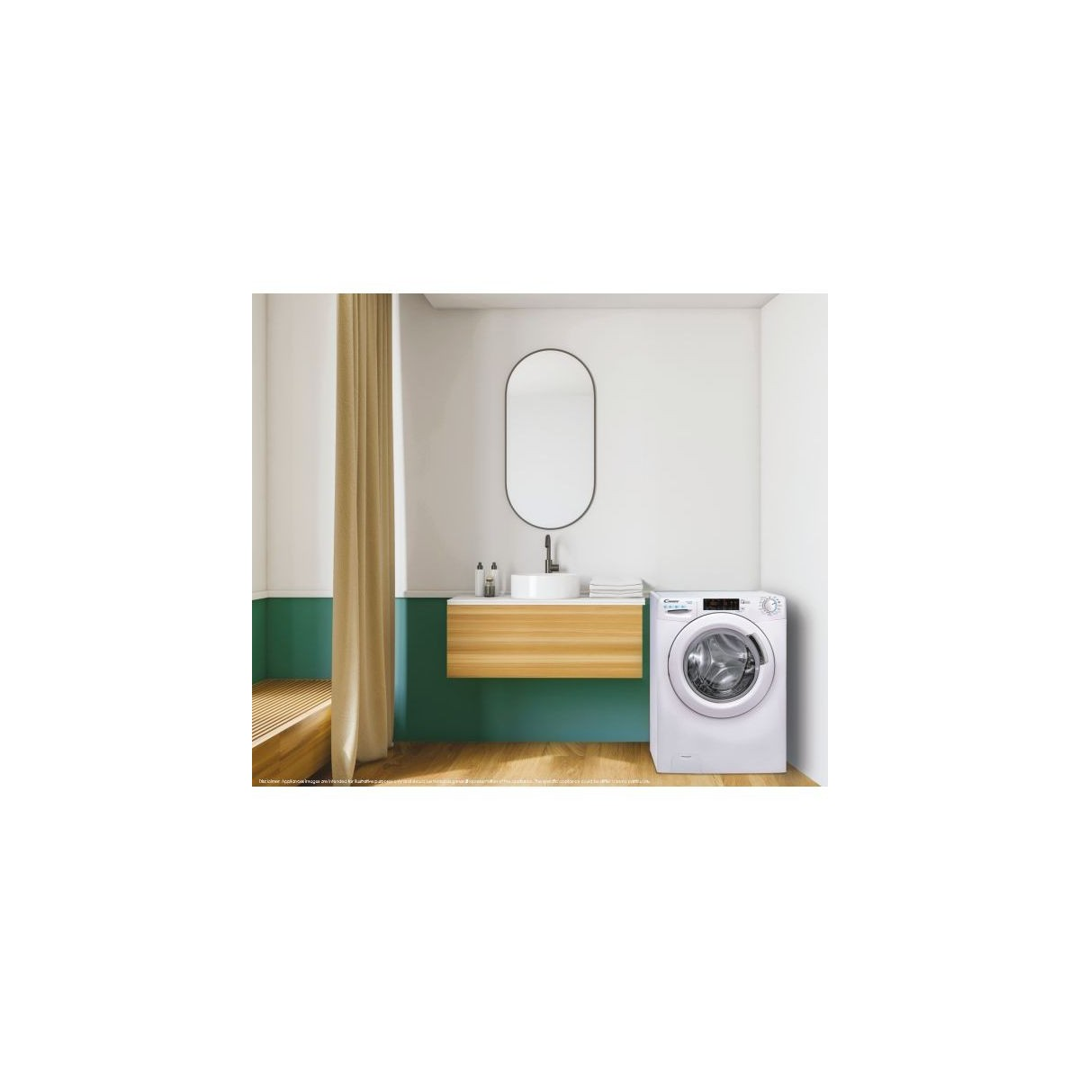 Un bagno con mobile in legno, specchio ovale e lavatrice accanto a un muro verde e bianco.