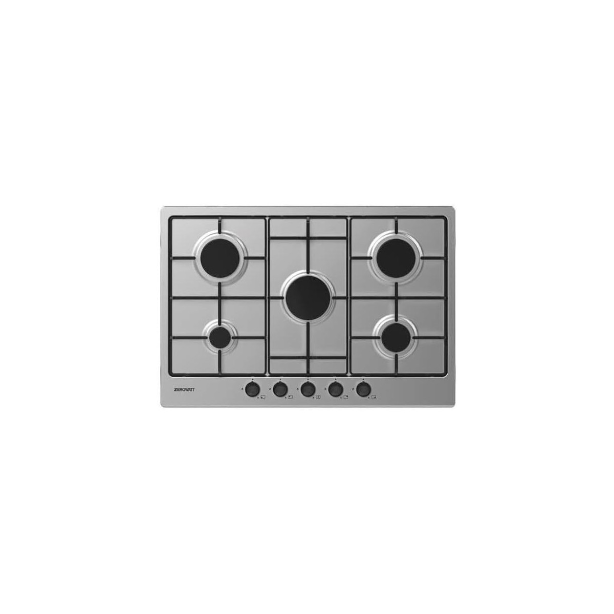 Un piano cottura a gas in acciaio inox con cinque fuochi, disposti a forma rettangolare, su sfondo bianco.