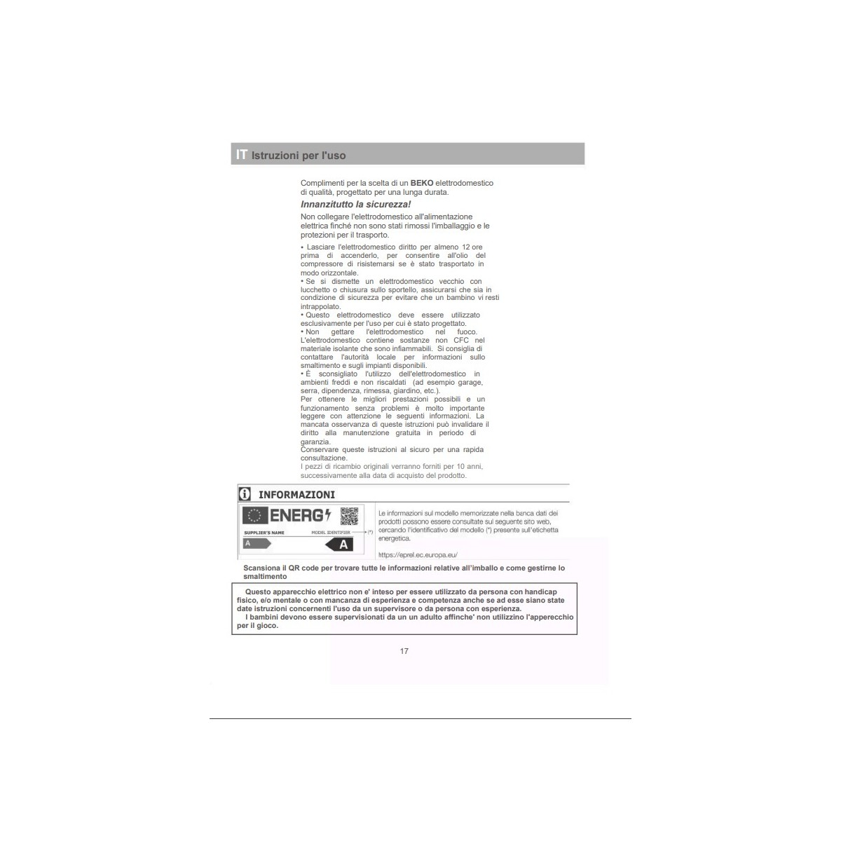 Włoska instrukcja obsługi urządzenia domowego, w tym zasady bezpieczeństwa i eksploatacji.