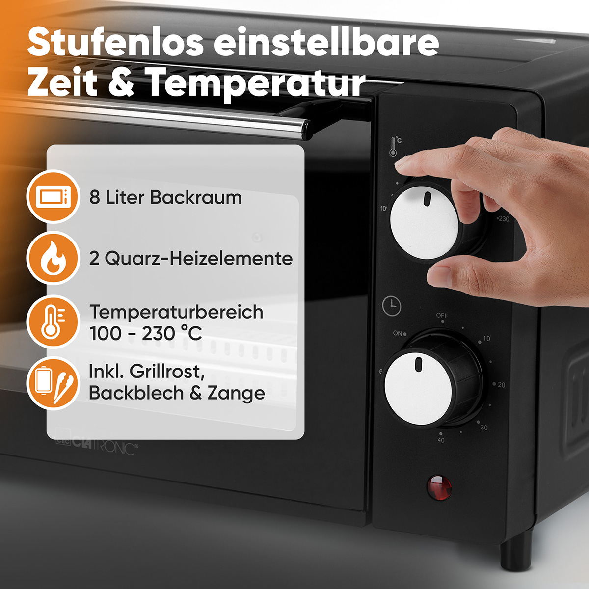 Zbliżenie czarnego piekarnika nablatowego z tekstem w języku niemieckim, podkreślającym ustawienia temperatury i timera.