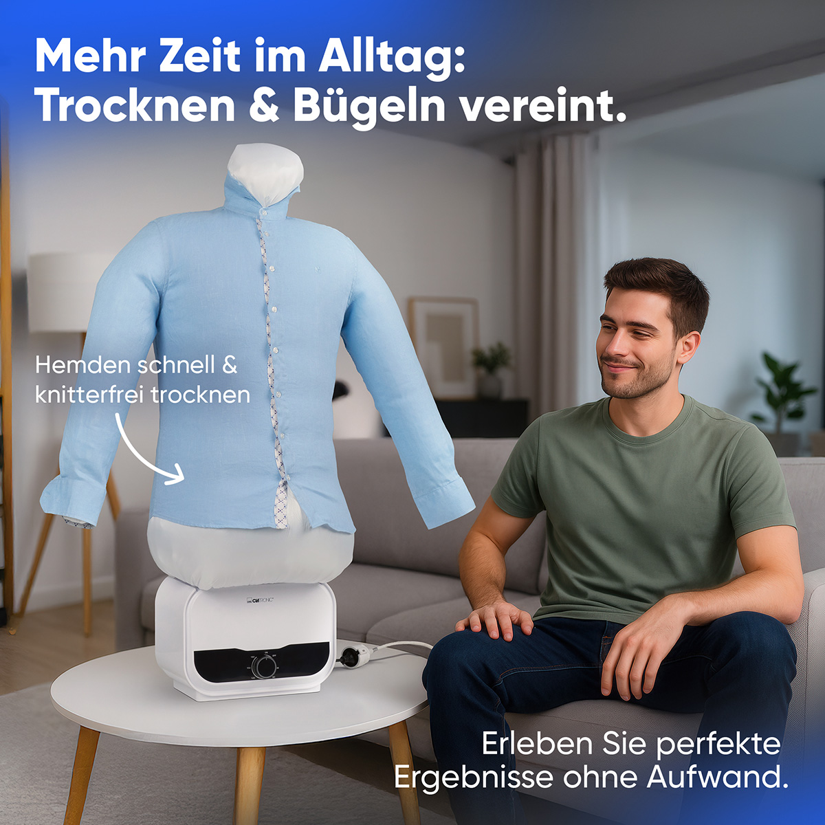 Mężczyzna uśmiecha się obok maszyny do suszenia koszul, z tekstem o suszeniu i prasowaniu.