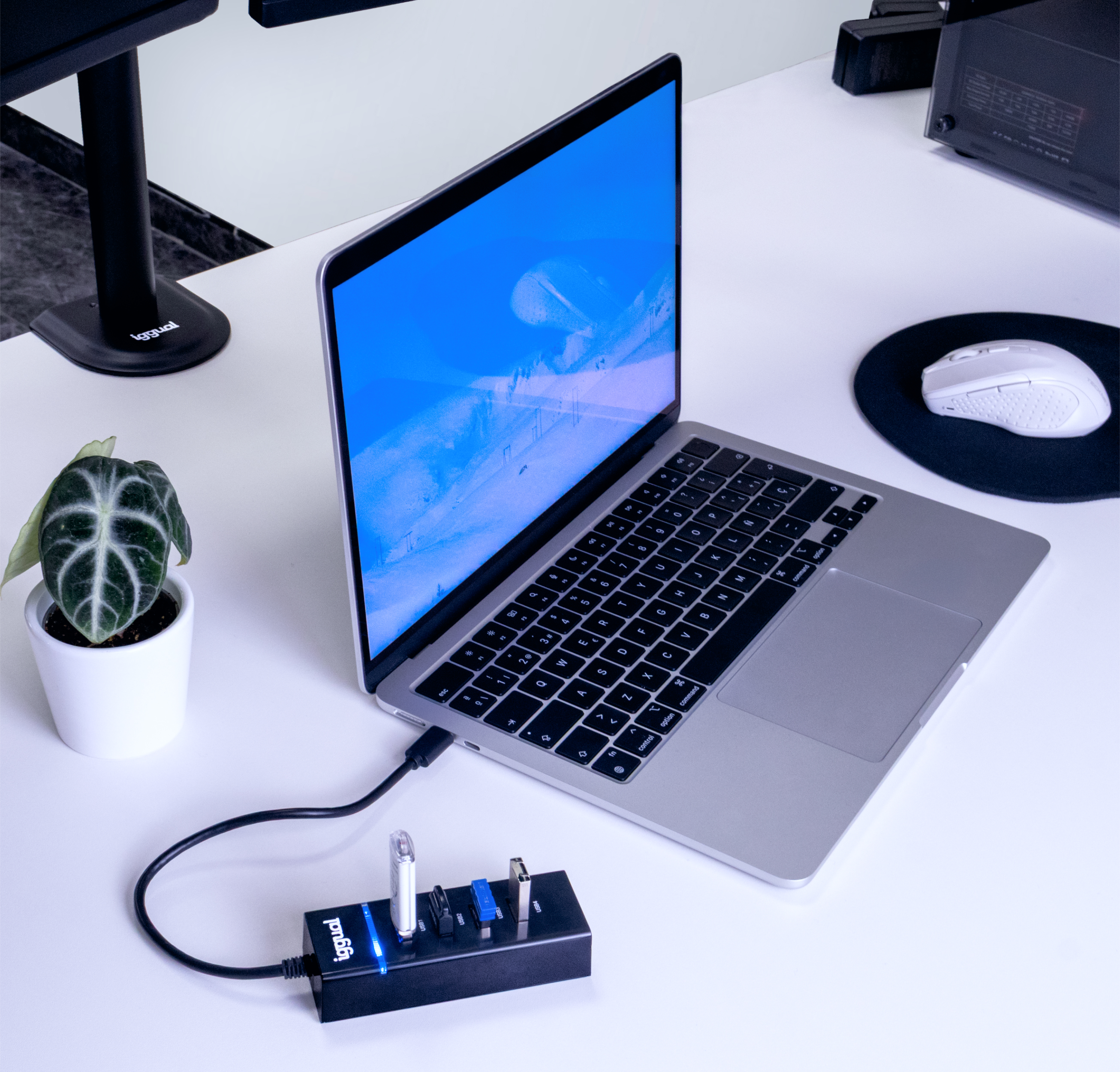 Laptop con un concentrador USB, planta y ratón sobre un escritorio blanco.