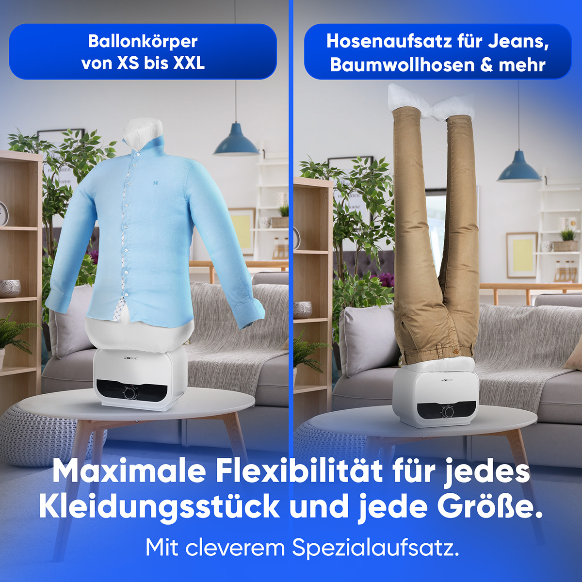 Dwie maszyny, jedna z koszulą, druga ze spodniami, tekst o elastyczności i rozmiarze.