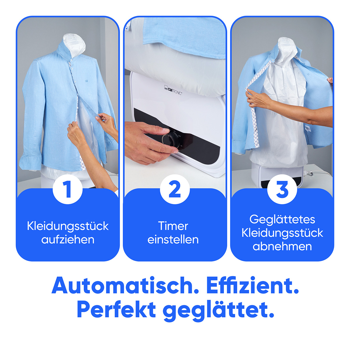 Trzy obrazy koszuli przygotowywanej na maszynie, z krokami i tekstem o procesie.