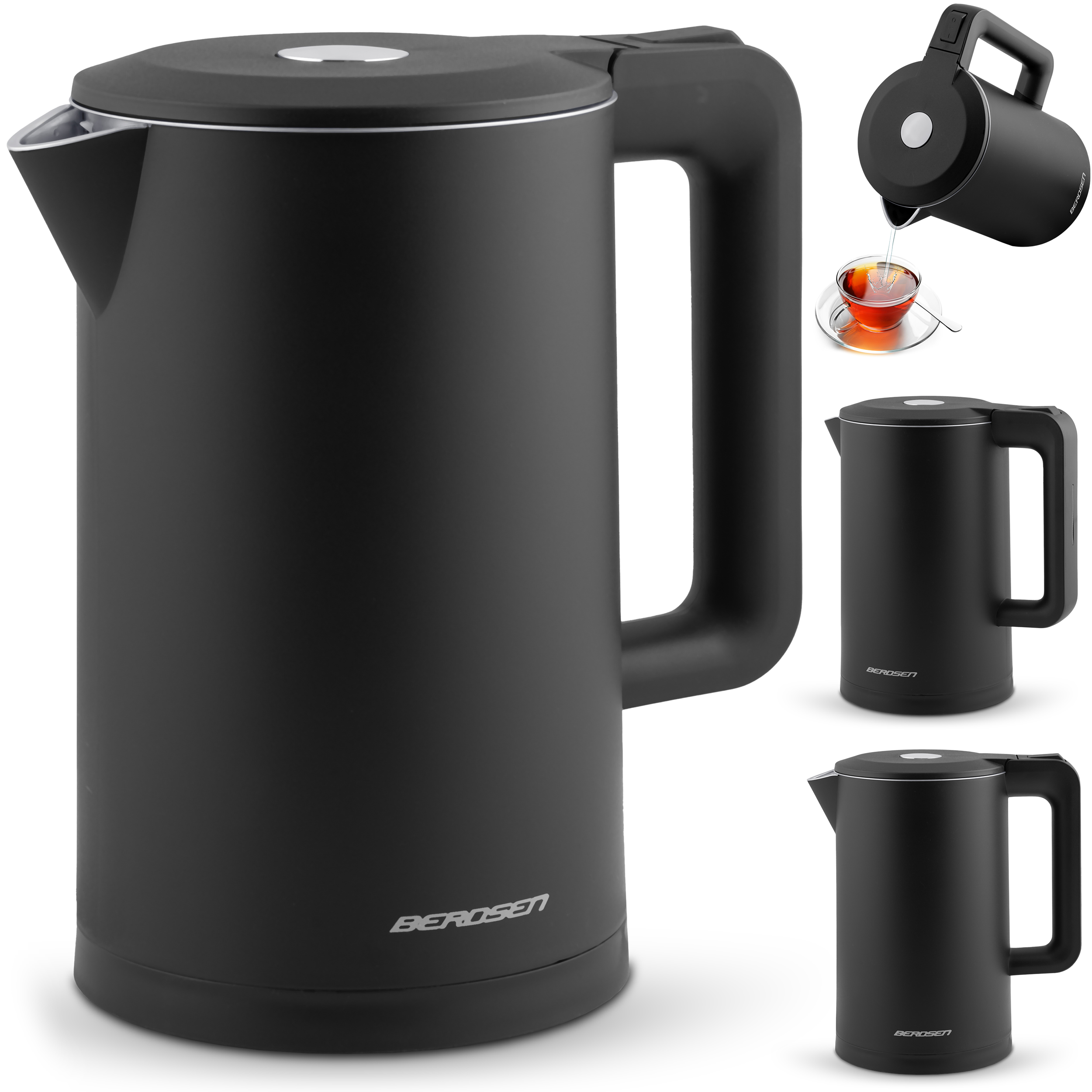Czarny czajnik elektryczny z wieloma widokami, w tym nalewaniem wody i filiżanką herbaty.