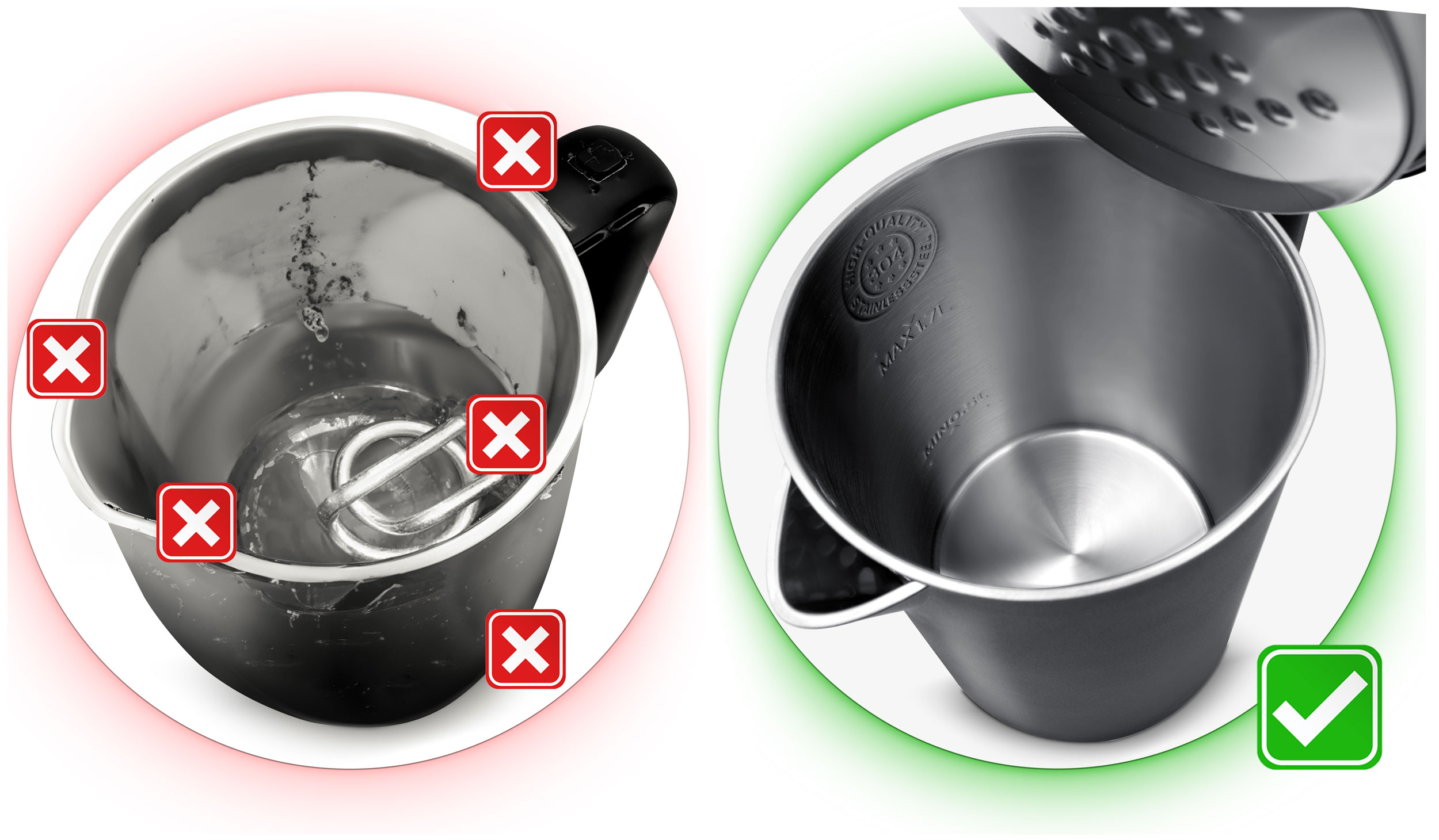 Obraz pokazujący, czego należy unikać wewnątrz czajnika. Czerwone krzyże wskazują, czego nie zaleca się.