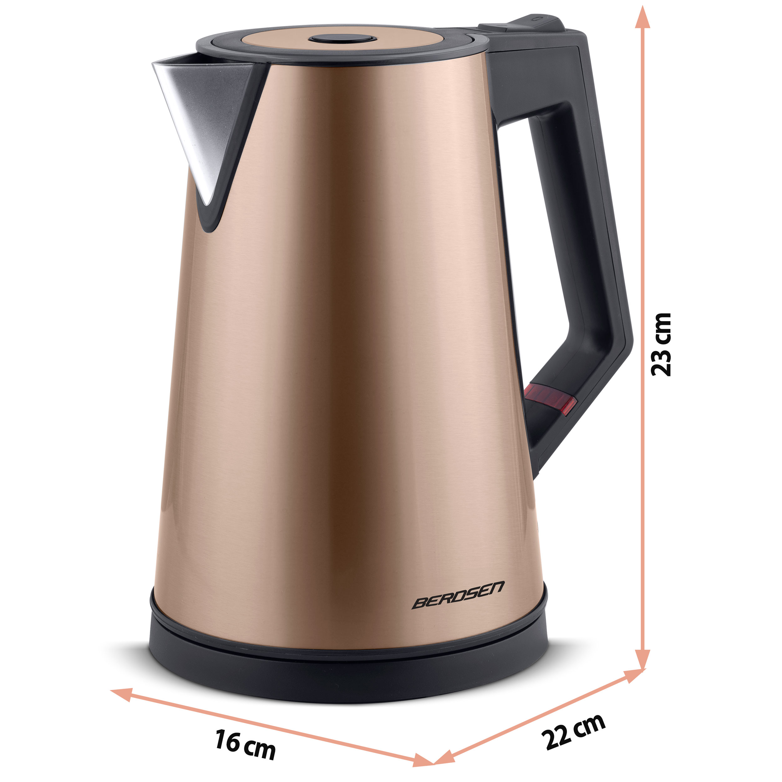 Czajnik w kolorze miedzi z czarną podstawą i uchwytem. Wskazano wymiary.