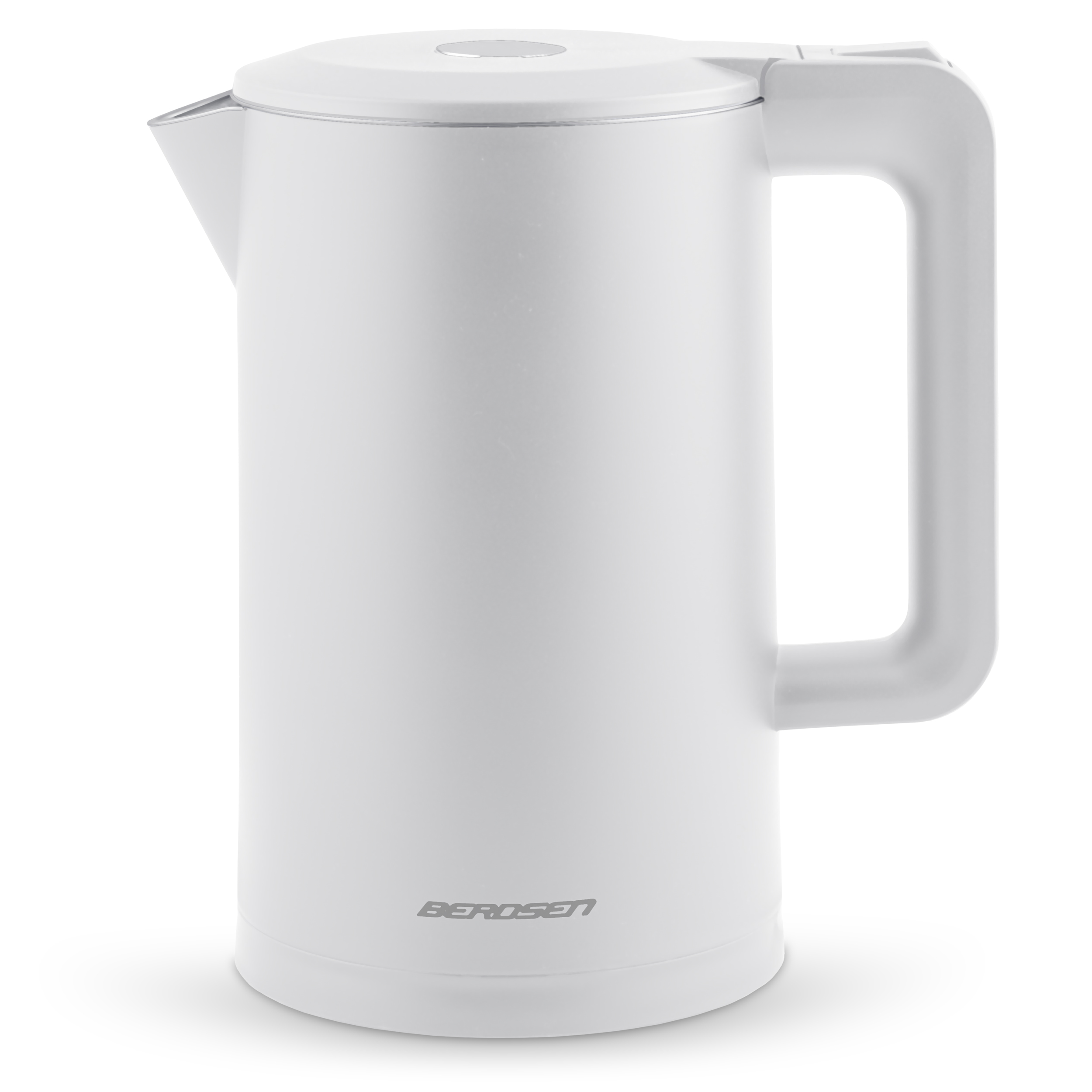 Biały czajnik elektryczny z uchwytem. Jest cylindryczny i ma nazwę marki Berosen z boku.