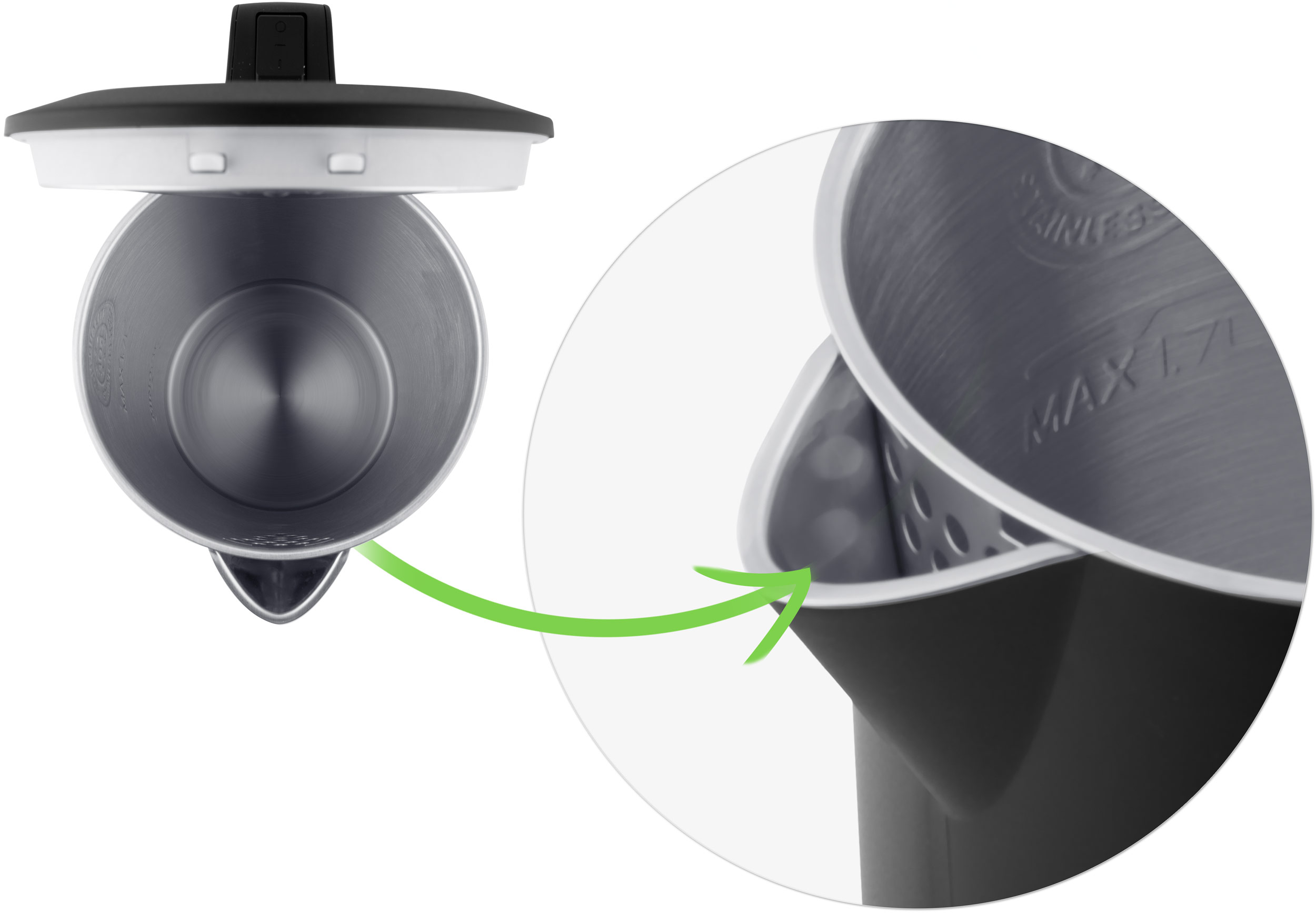 Widok wnętrza czajnika, ze strzałką do wylewki, pokazującą linię maksymalnego napełnienia.