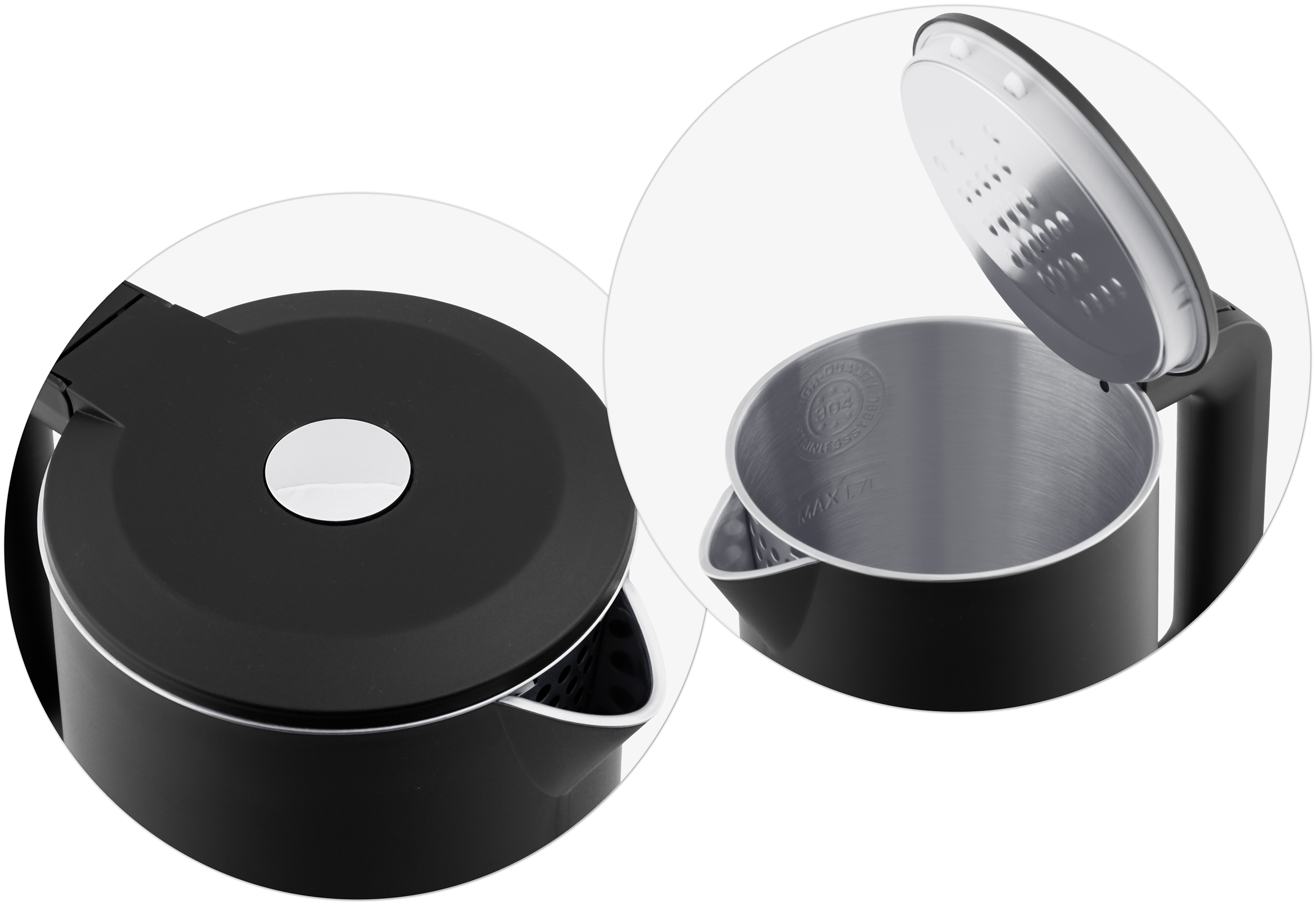 Zbliżenie pokrywy i wnętrza czarnego czajnika. Pokrywa jest otwarta, odsłaniając wnętrze.