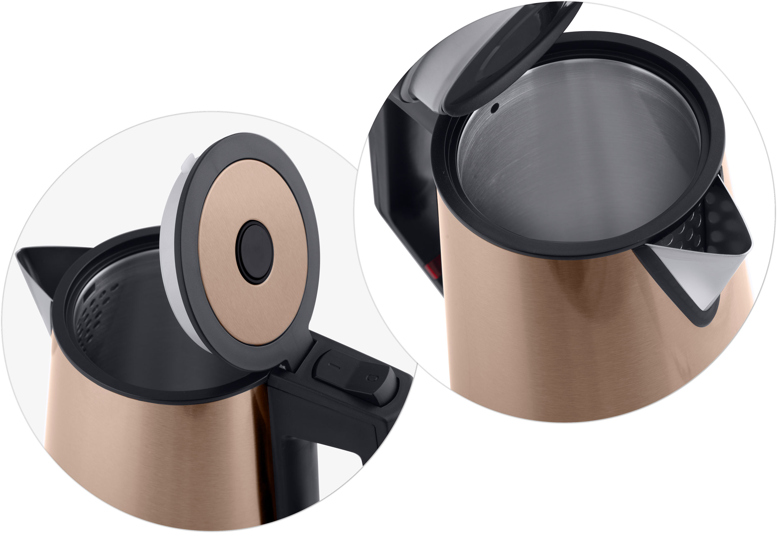 Zbliżenie czajnika w kolorze miedzi. Pokrywa jest otwarta, odsłaniając wnętrze.