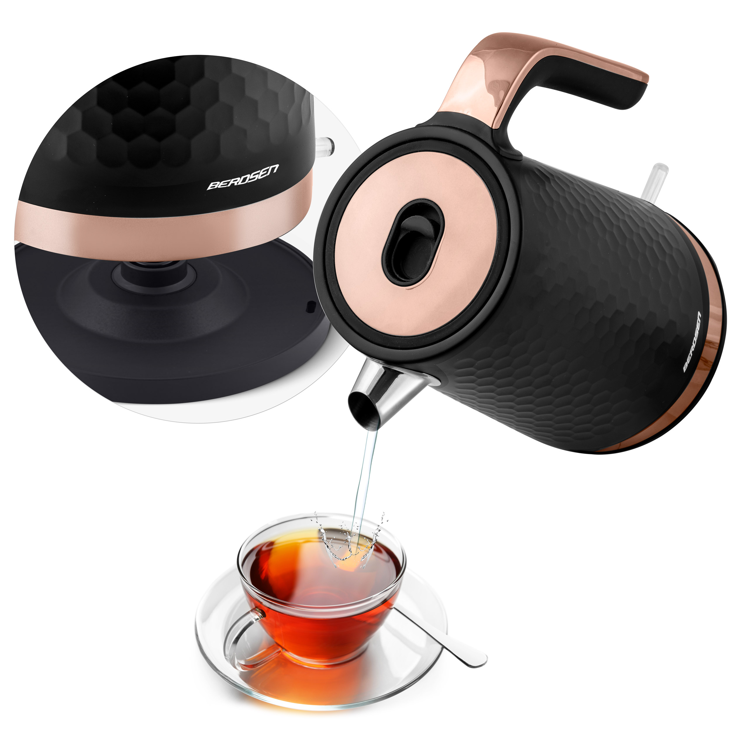 Czarny i różowo-złoty czajnik nalewa herbatę do szklanki. Zbliżenie pokazuje podstawę i teksturę plastra miodu.