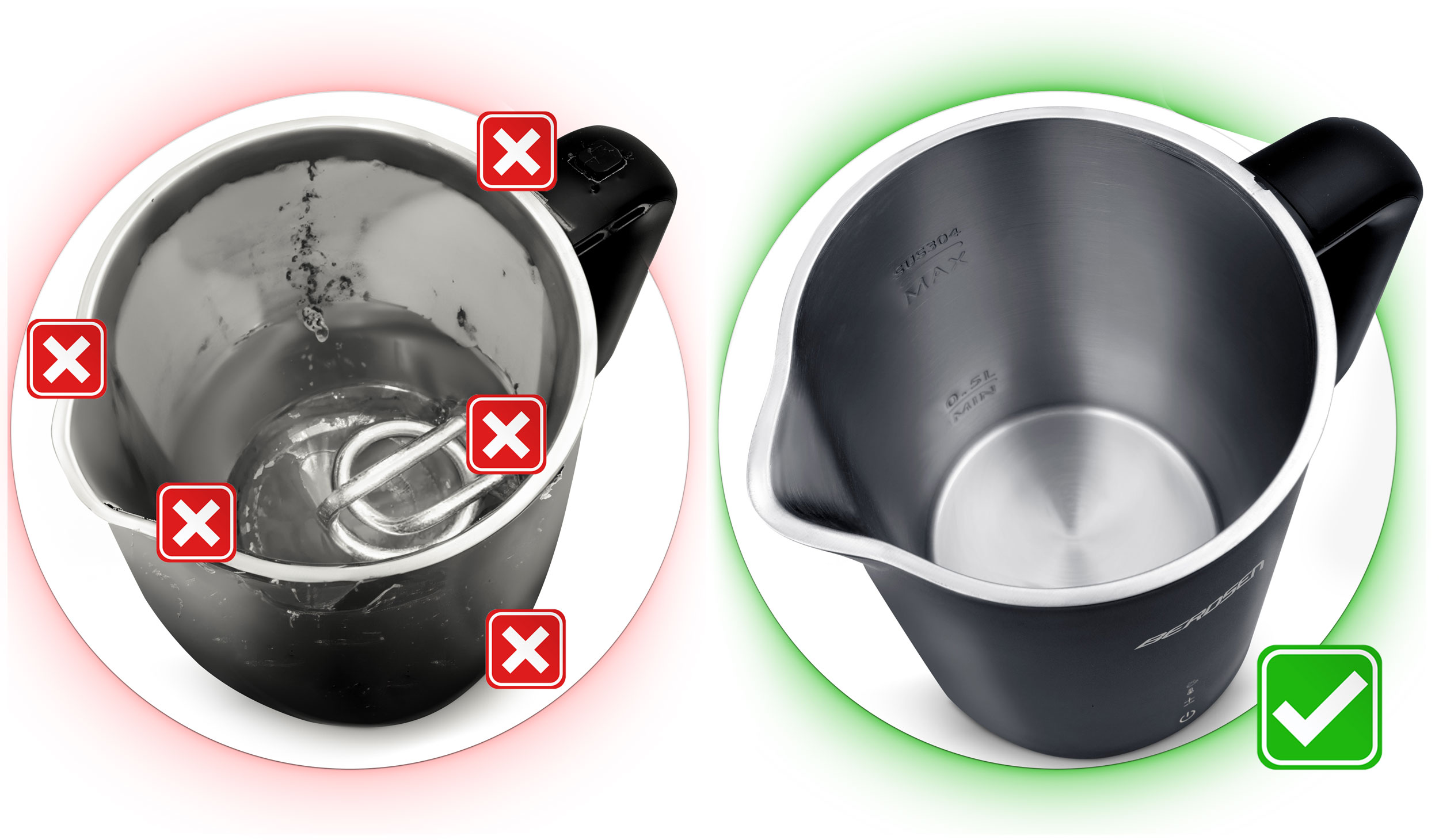 Porównanie czajnika z problemami i poprawnego. Po lewej czerwone Xs, po prawej zielony haczyk.