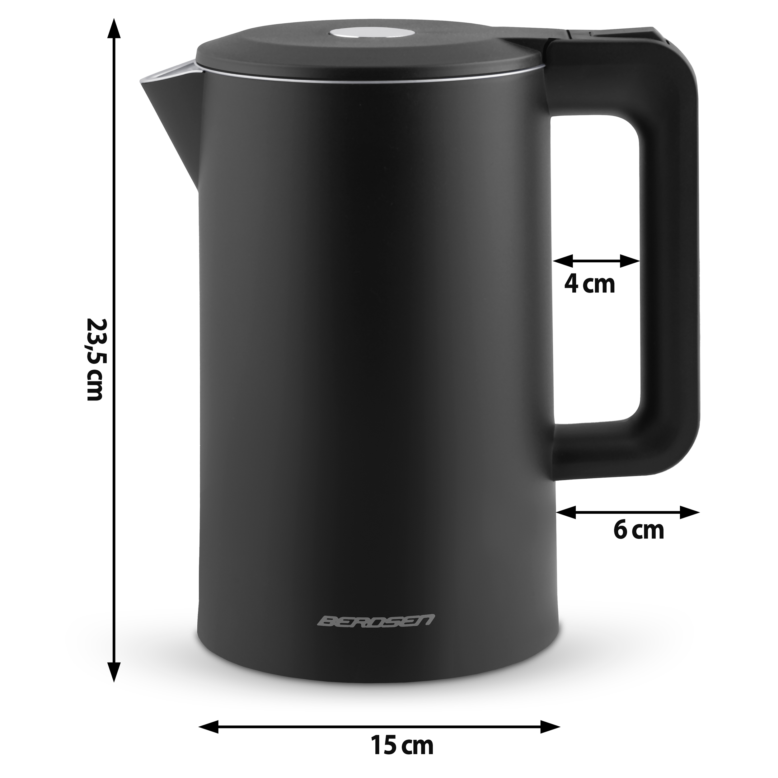 Czarny czajnik elektryczny z wymiarami. Ma uchwyt i nazwę marki Berosen. Podano wymiary.