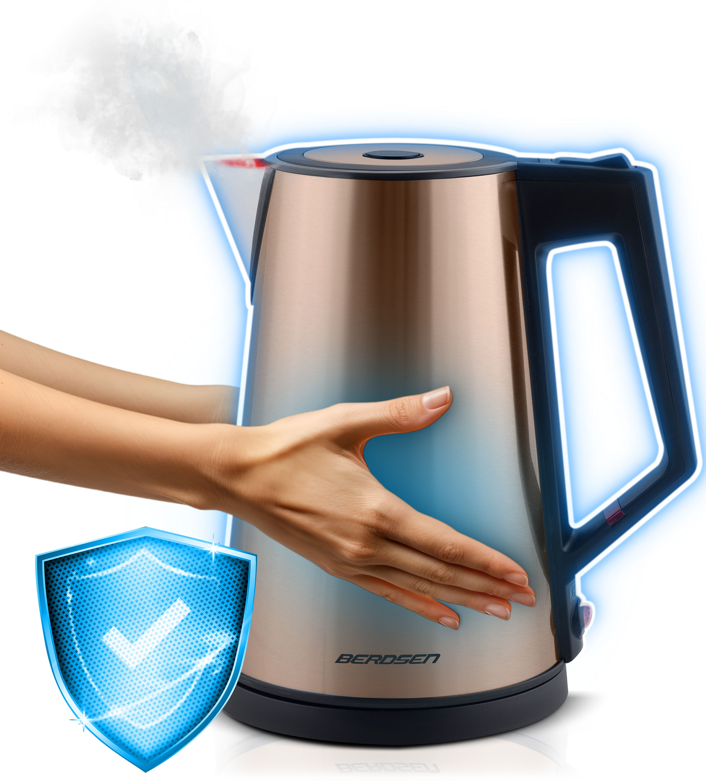 Miedziany czajnik elektryczny z świecącym niebieskim obrysem. Ręka dotyka czajnika, po lewej ikona tarczy.