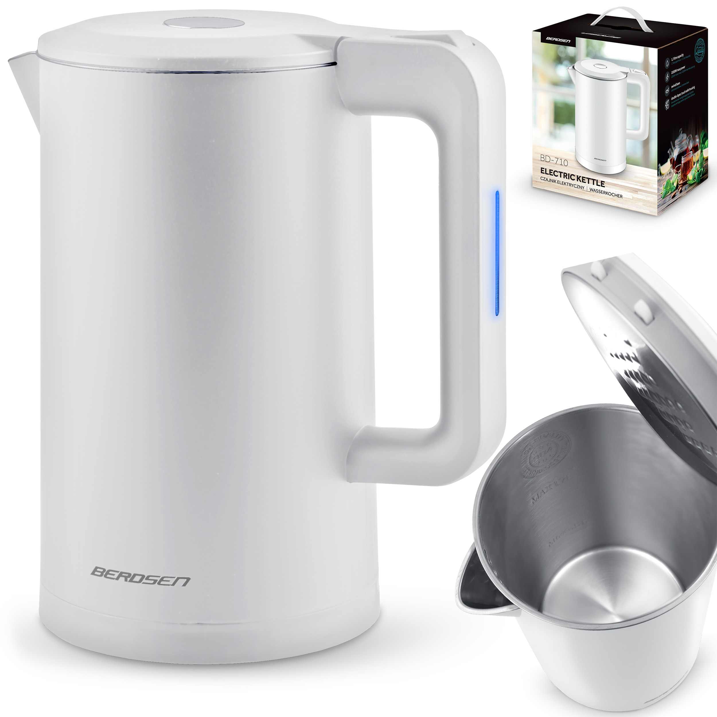 Biały czajnik elektryczny z uchwytem i niebieskim światłem. Zawiera otwarty czajnik i jego pudełko.