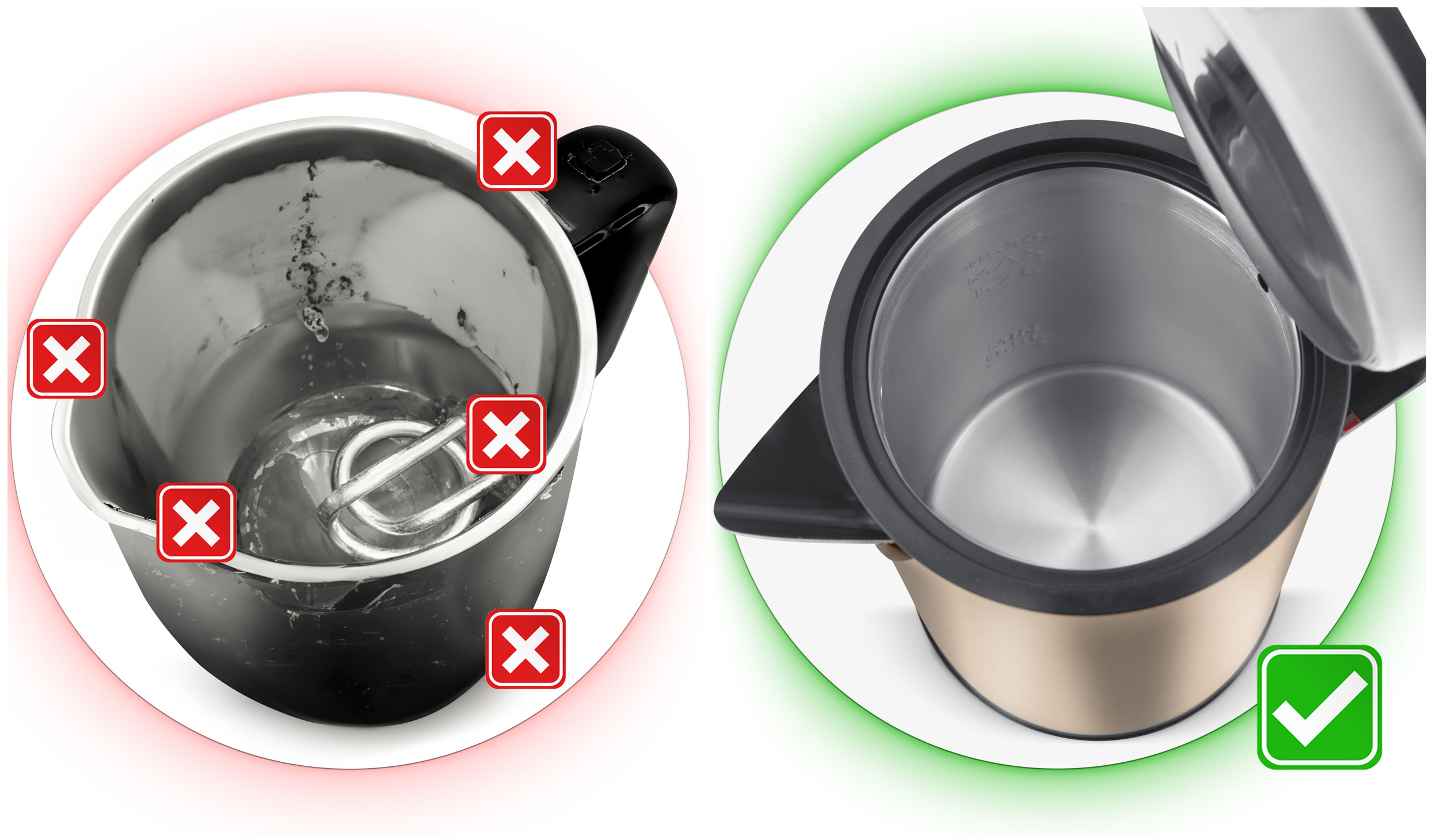 Porównanie wnętrza czajnika z problemami i poprawnego. Po lewej czerwone Xs, po prawej poprawny.