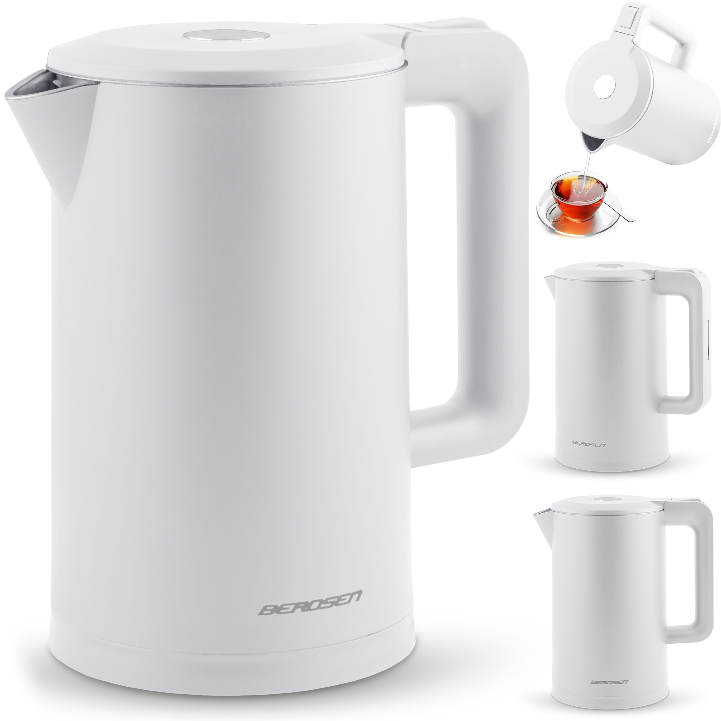 Biały czajnik elektryczny, trzy widoki. Pokazuje logo Berdsen. Niewielka ilość wody wlewana do filiżanki.