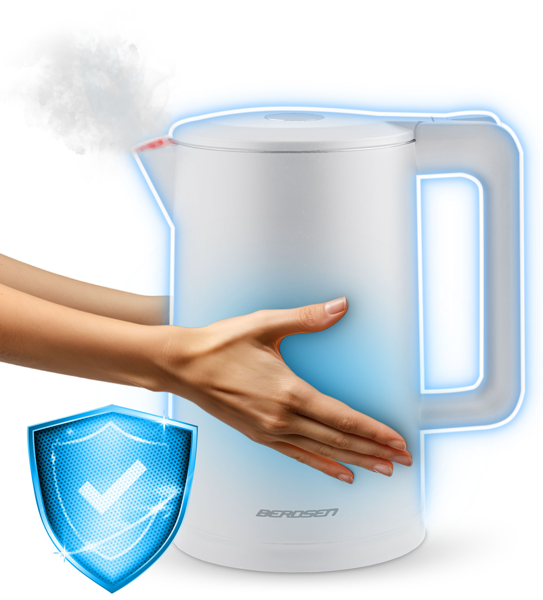 Biały czajnik elektryczny z ręką trzymającą bok. Tarcza z haczykiem znajduje się po lewej stronie u dołu.