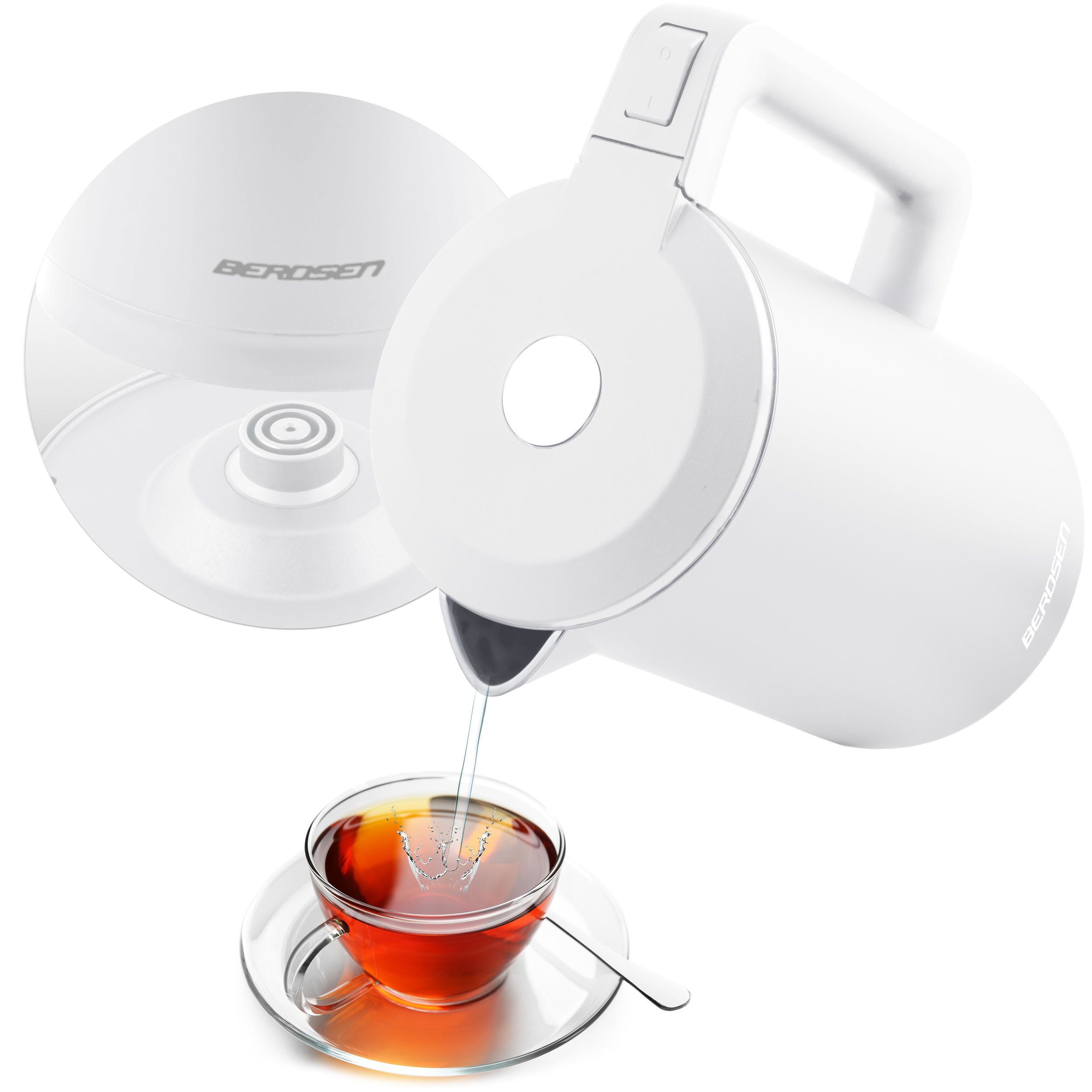 Biały czajnik elektryczny wlewa wodę do szklanki na spodku. Logo Berdsen na czajniku.