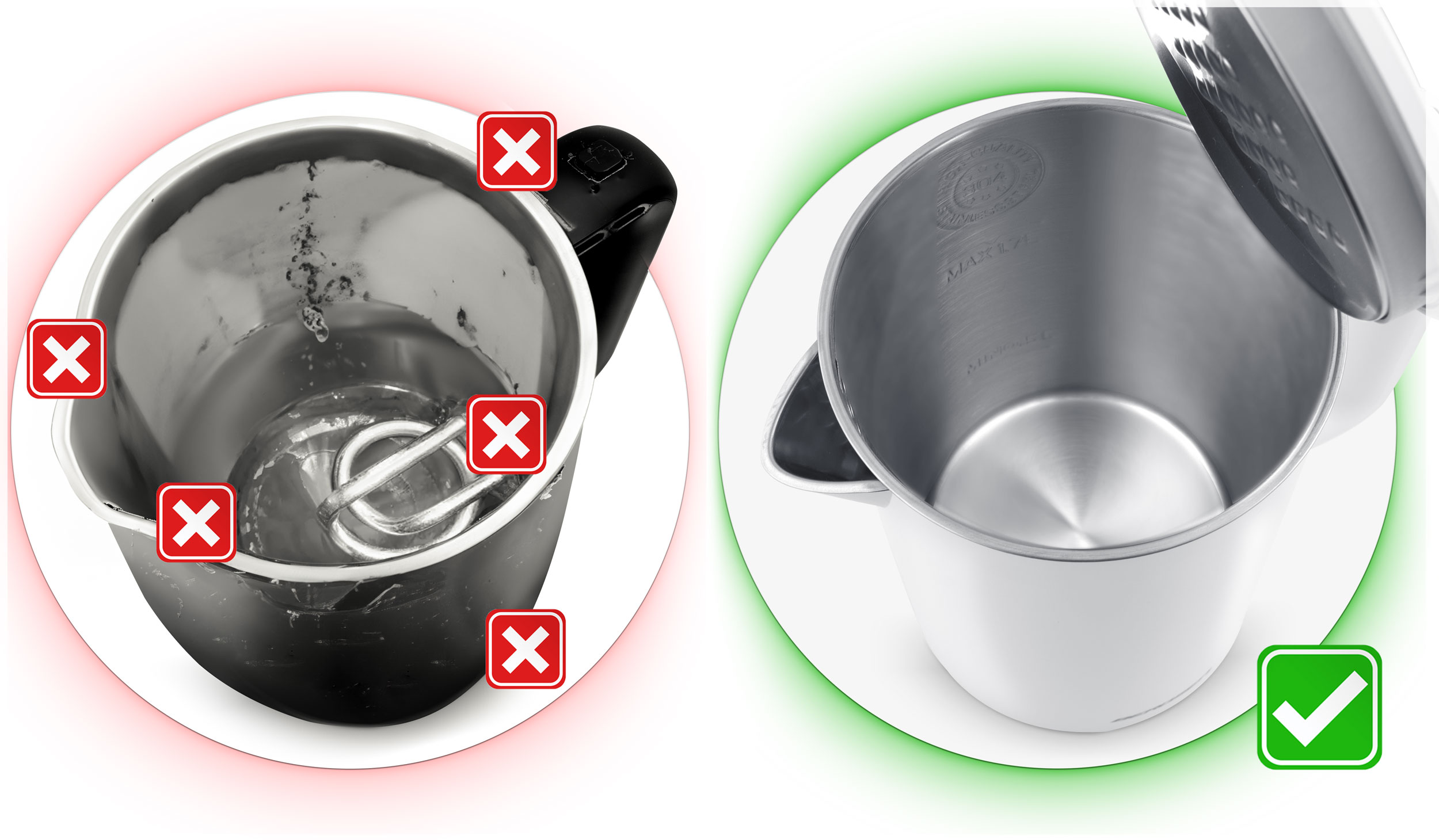 Zdjęcie wnętrza czajnika. Jeden jest zły, z czerwonymi X. Drugi jest dobry, z zielonym znakiem wyboru.