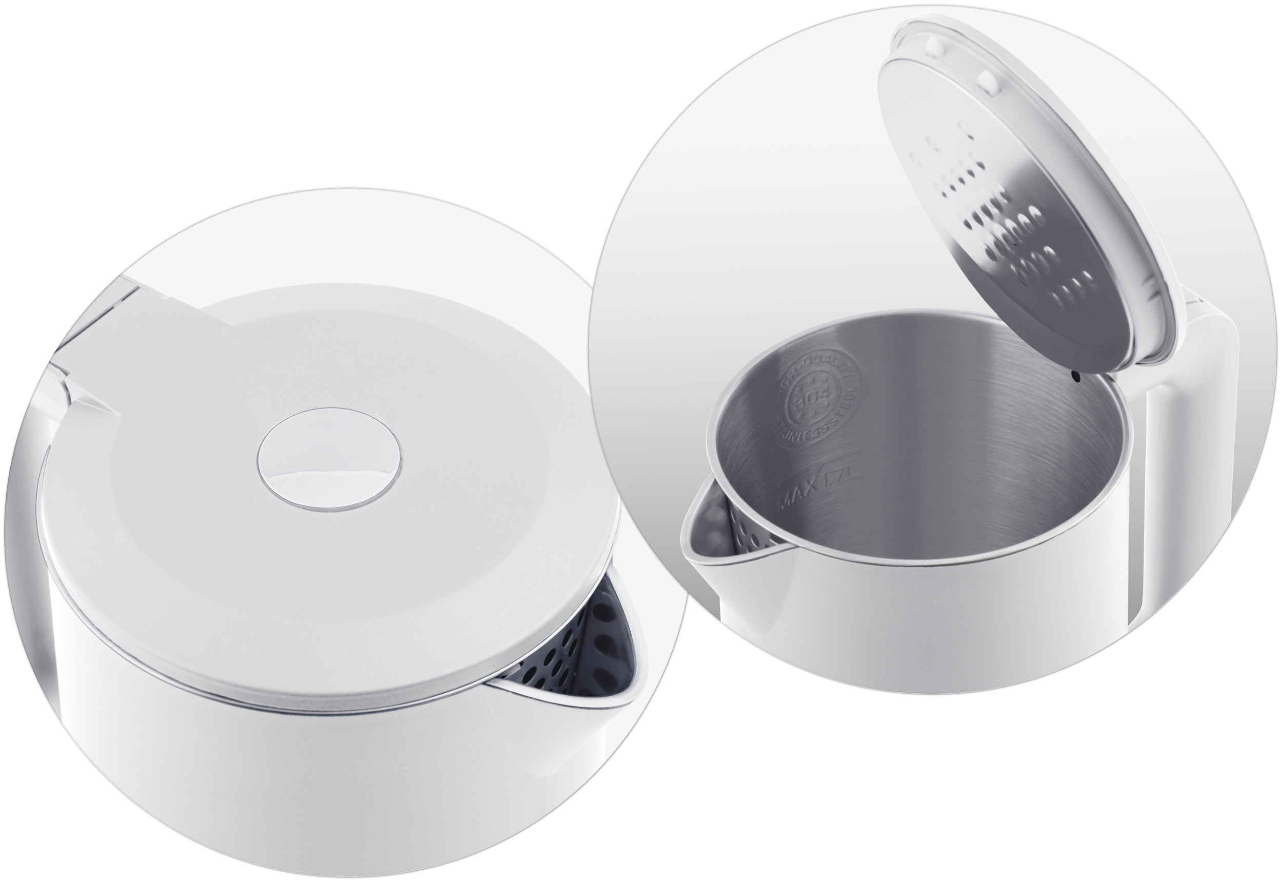 Zbliżenie białego czajnika elektrycznego, pokazujące pokrywę i wnętrze. Wnętrze ze stali nierdzewnej.