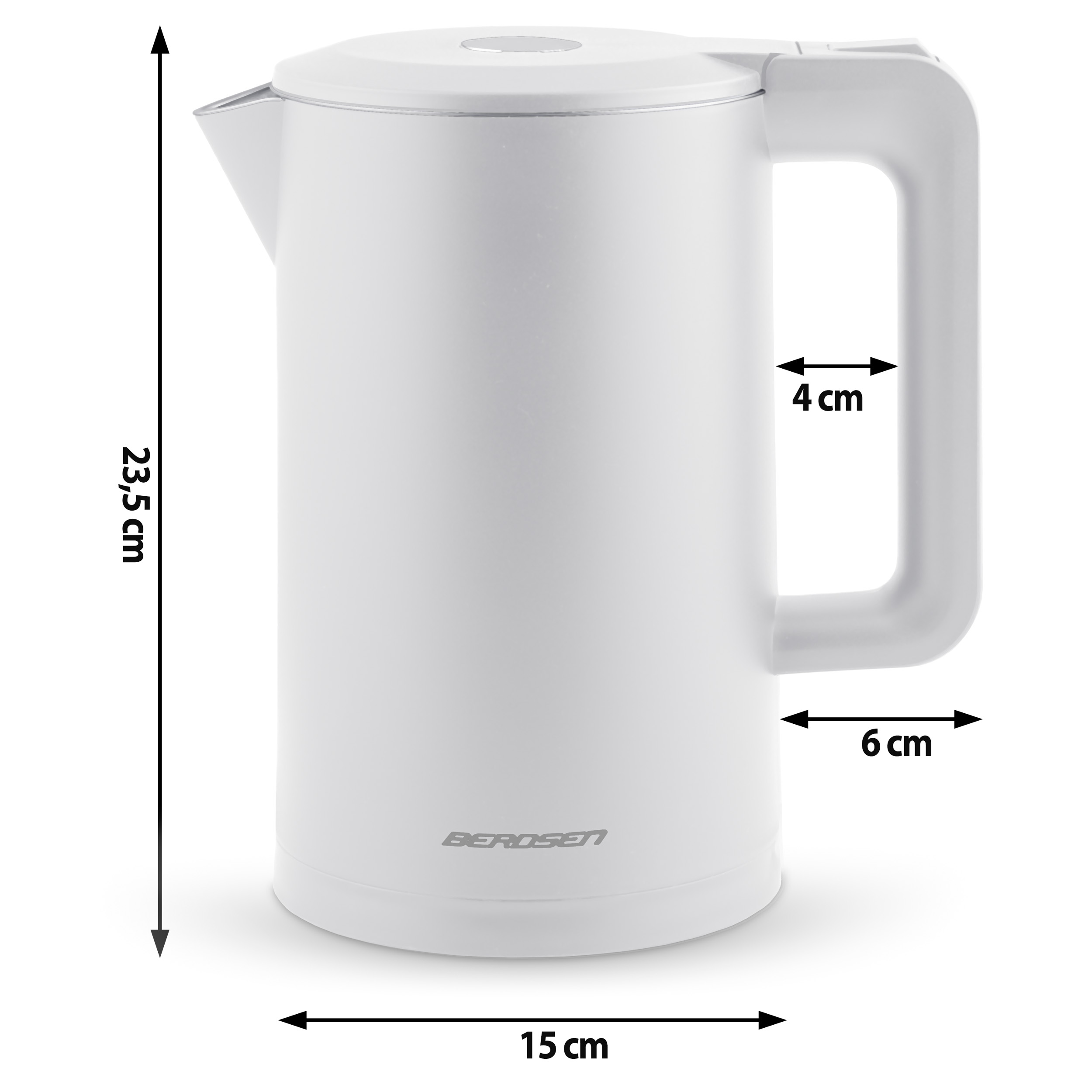 Biały czajnik elektryczny z uchwytem i wymiarami: 23,5 cm wysokości, 15 cm szerokości, a uchwyt ma 6 cm szerokości.