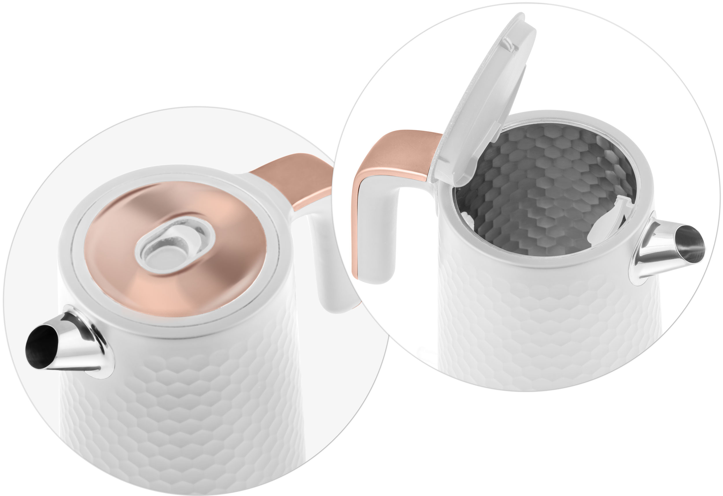 Zbliżenie pokrywy białego czajnika elektrycznego, pokazujące wzór plastra miodu i otwartą pokrywę.