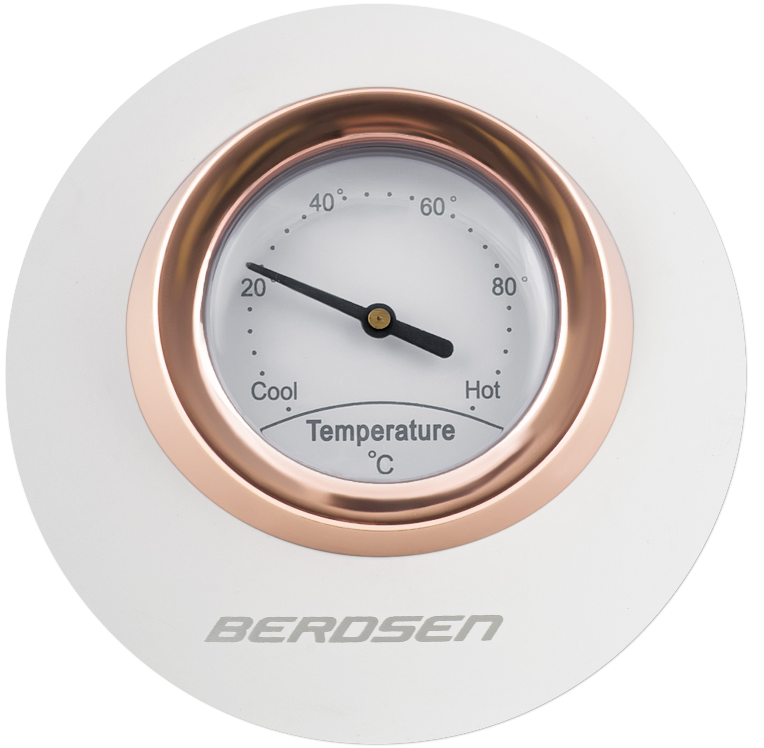 Okrągły biało-złoty wskaźnik temperatury z logo Berdsen. Temperatura wynosi 40 stopni.