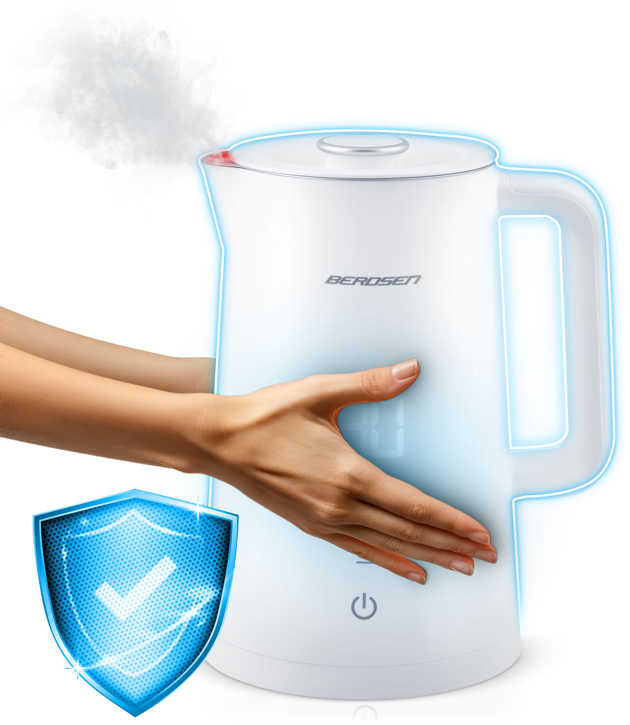 Biały czajnik elektryczny z parą, dłonią dotykającą go i niebieską ikoną tarczy ze znakiem wyboru.