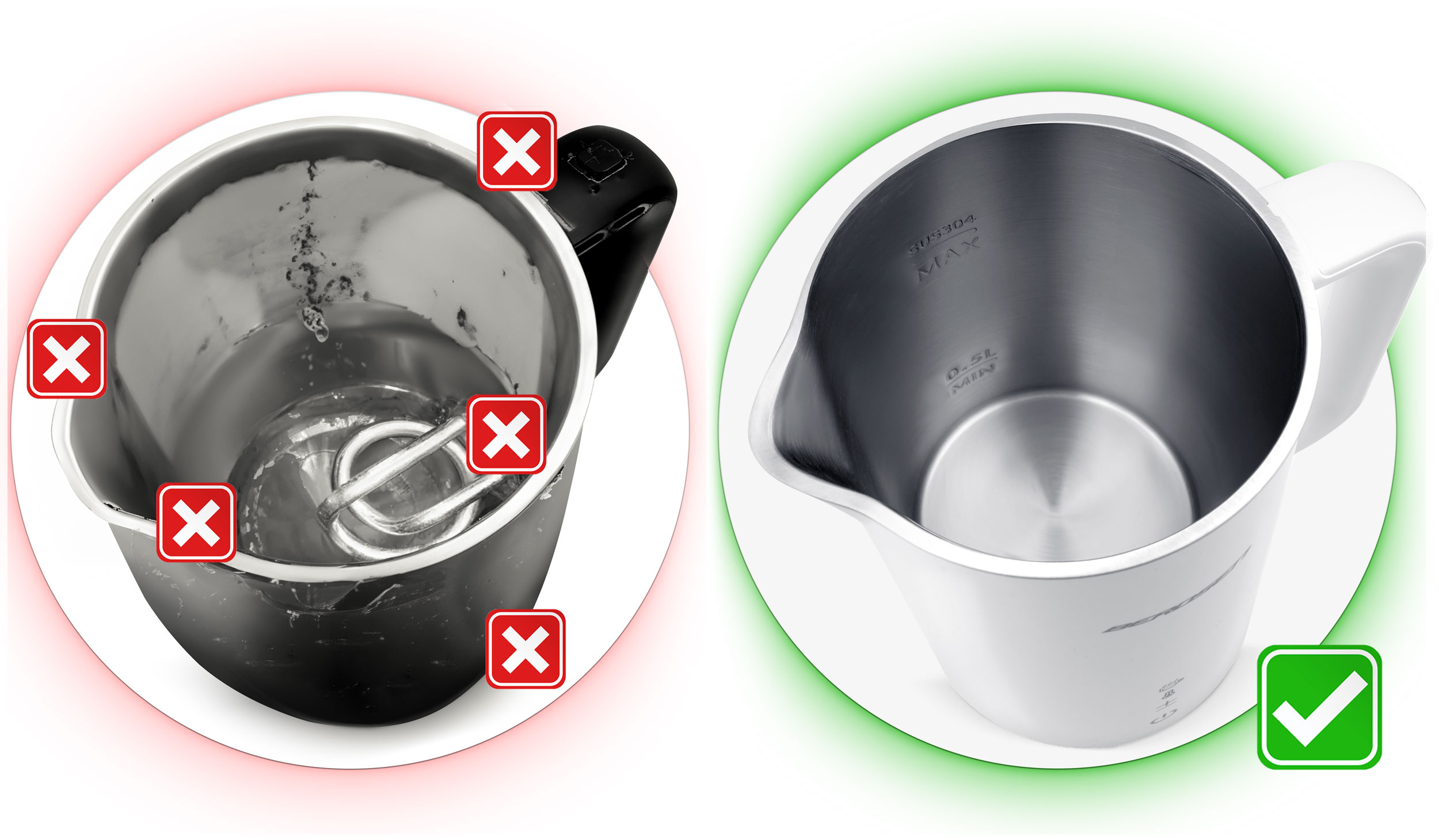 Porównanie wnętrza dwóch czajników. Jeden jest brudny z czerwonymi X, drugi czysty z zielonym haczykiem.