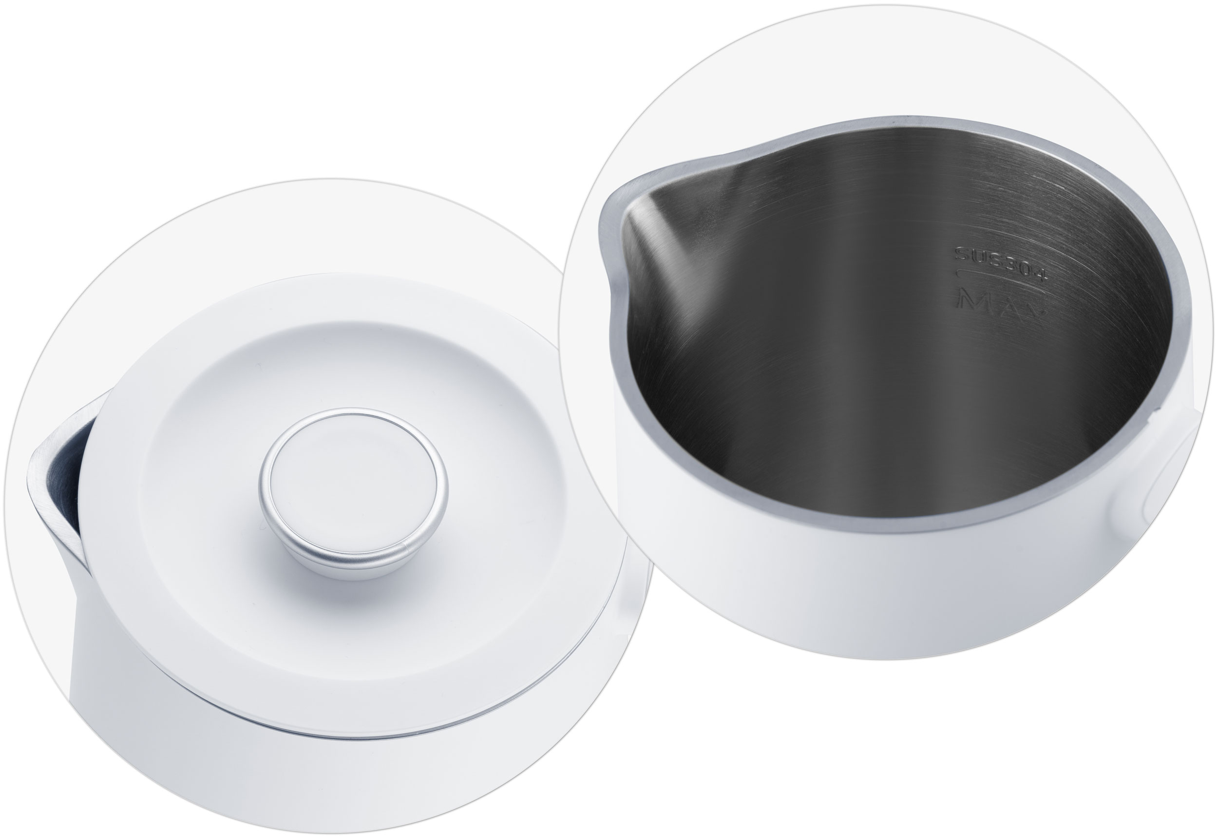 Biały czajnik elektryczny z otwartą pokrywą ukazującą wnętrze i zbliżenie na wnętrze.