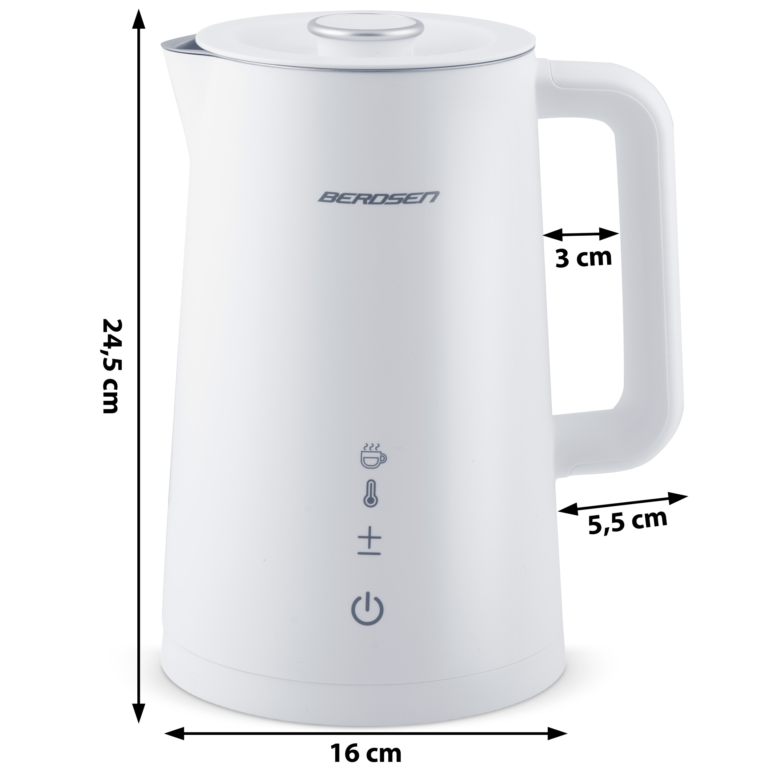 Biały czajnik elektryczny z uchwytem i wymiarami: 24,5 cm wysokości, 16 cm szerokości, a uchwyt ma 3 cm szerokości.