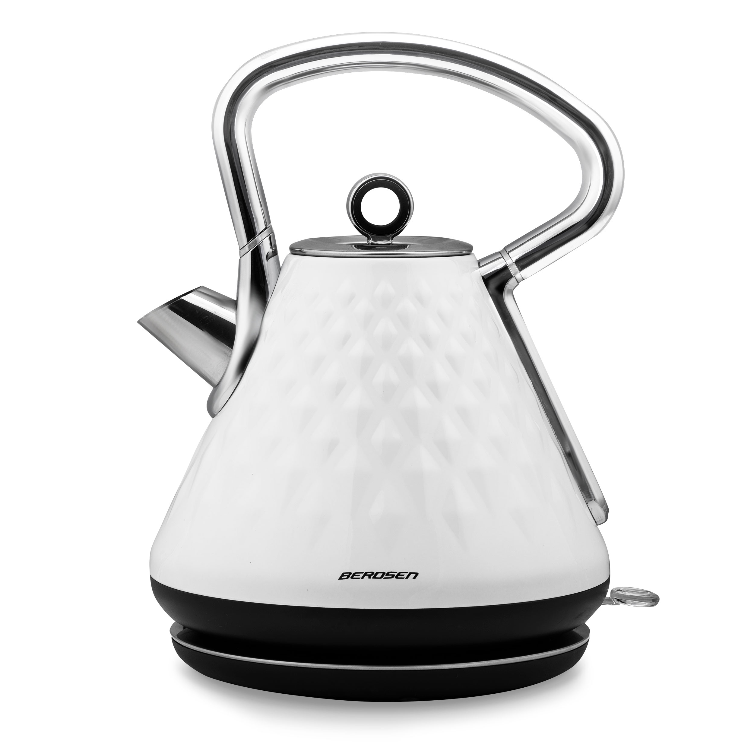 Biały czajnik we wzory ze srebrnym uchwytem i czarną podstawą. Marka Berdsen.