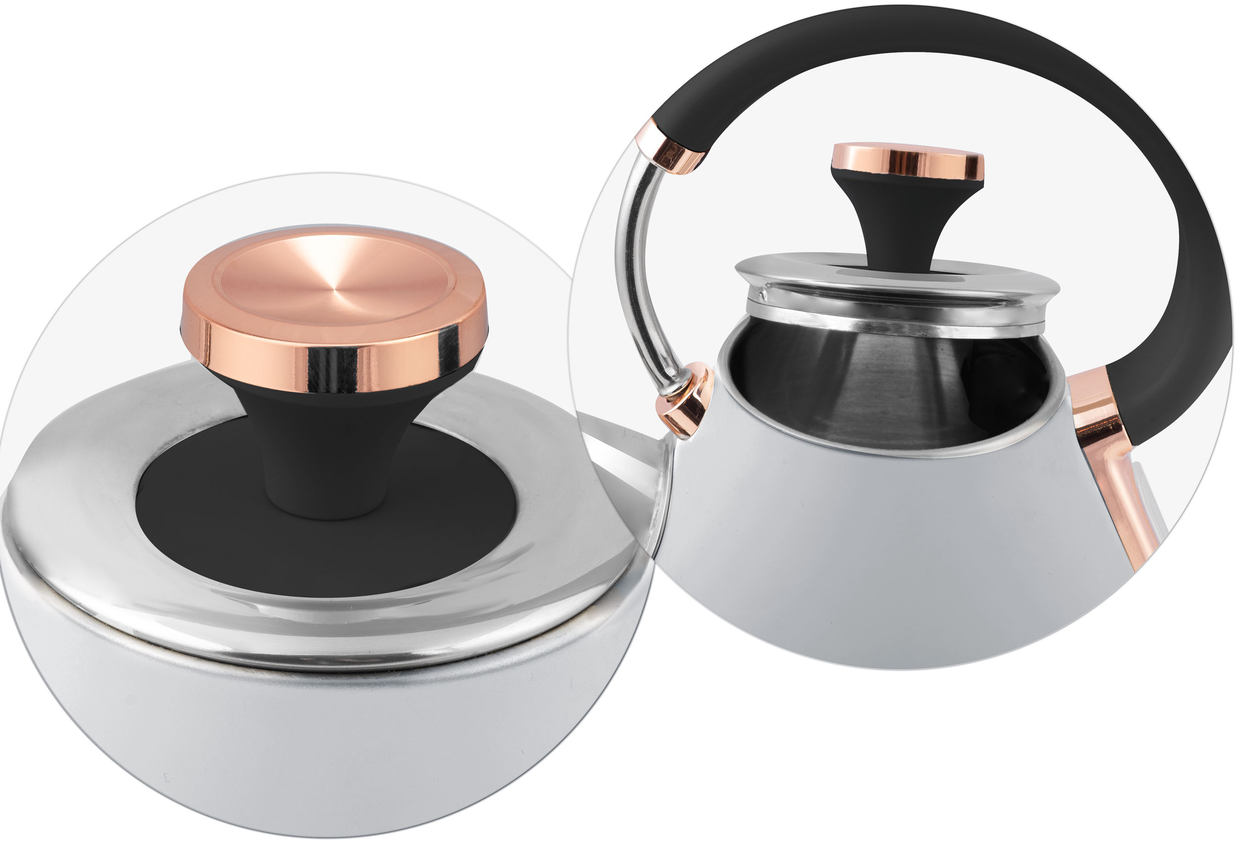 Zbliżenie pokrywy i uchwytu czajnika. Różowo-złoty detal na pokrywie i uchwycie.