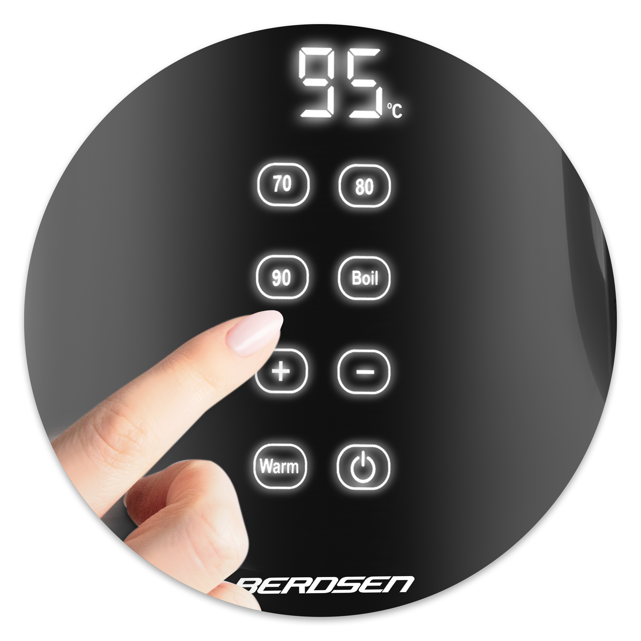 Palec dotykający przycisku '+' na cyfrowym panelu sterowania czajnika, pokazując ustawienia i temperaturę.