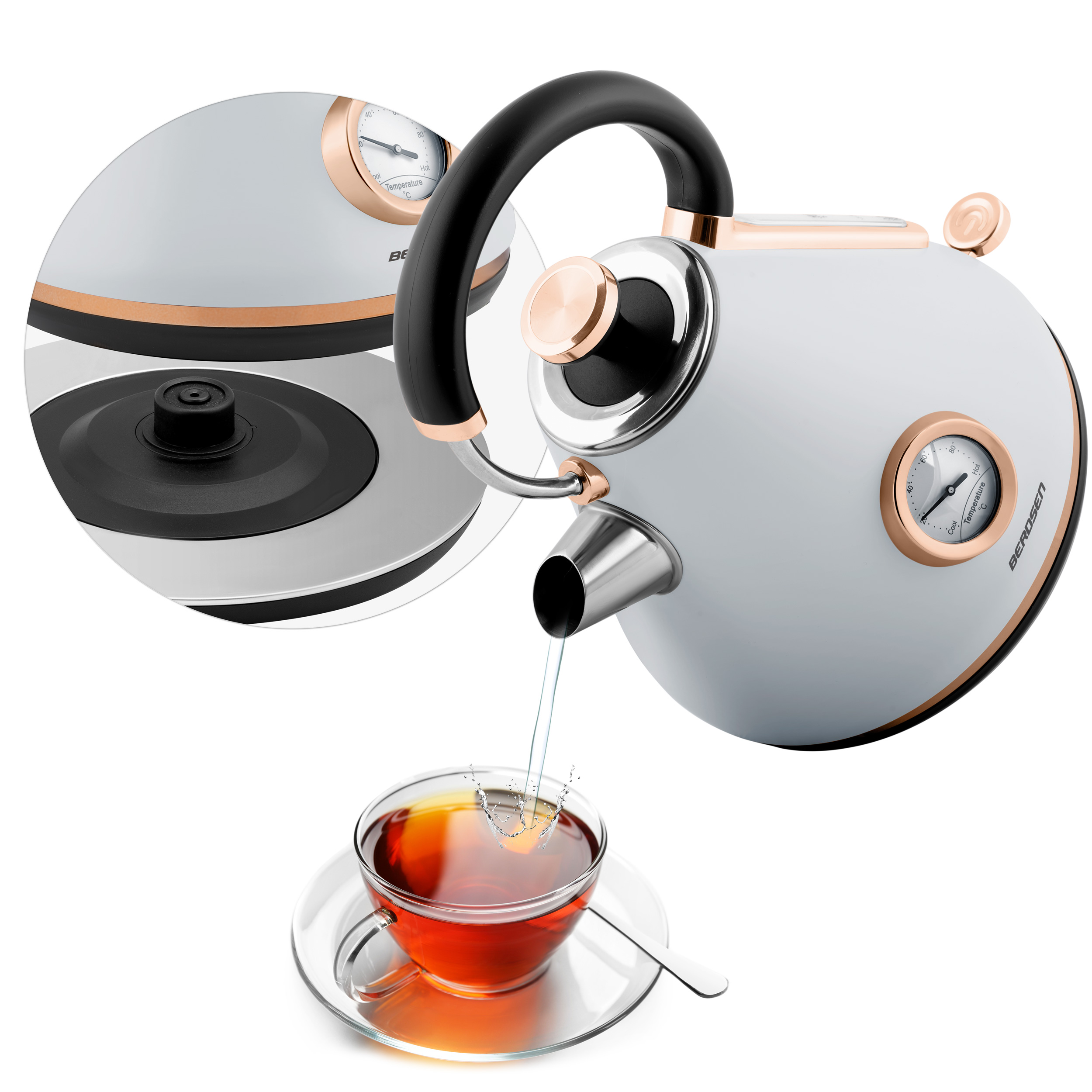 Czajnik nalewa wodę do filiżanki. Zbliżenie podstawy i wskaźnika temperatury.